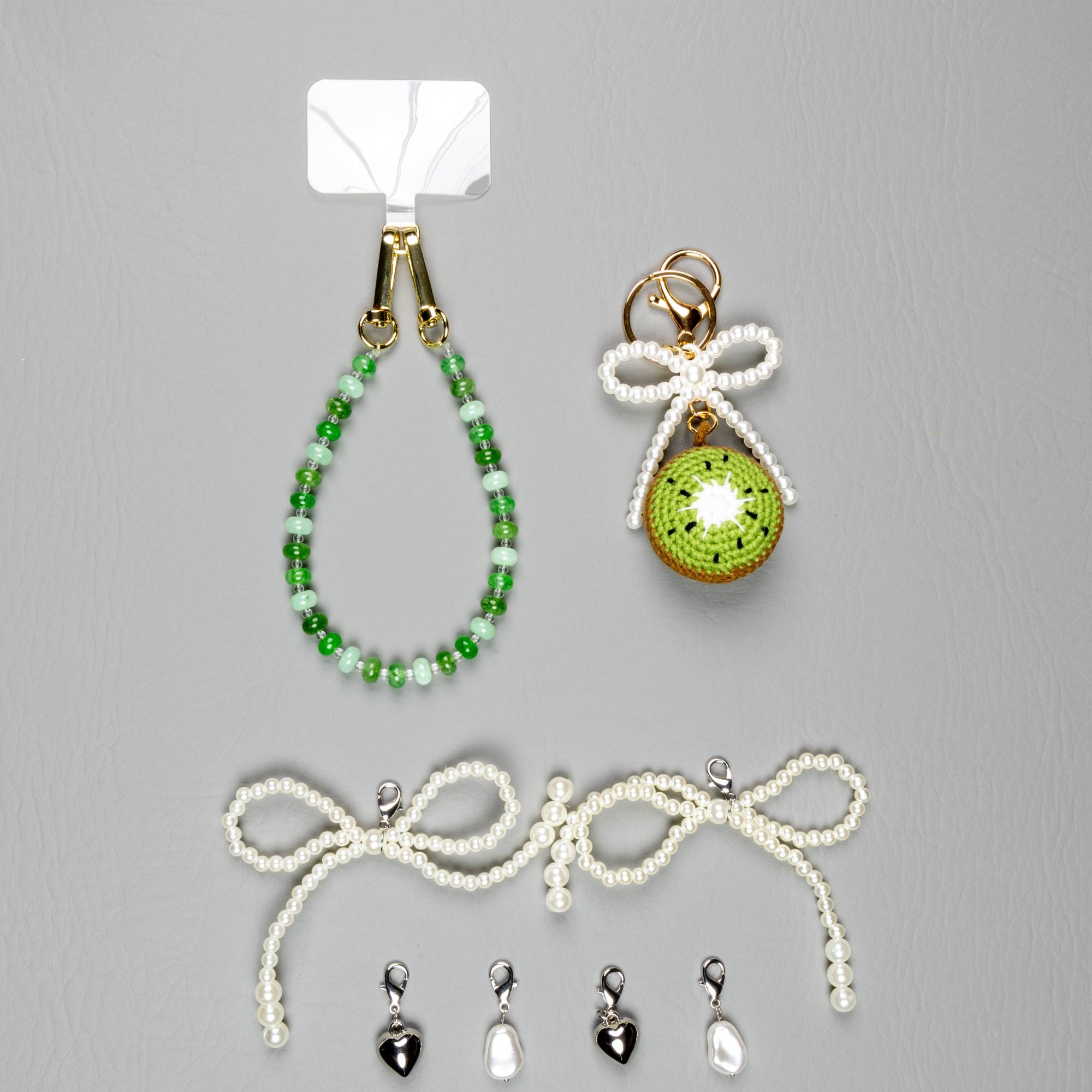 Kiwi Pearl Bows · Charm Trio — Phone, Bag & Shoe Charm Set
