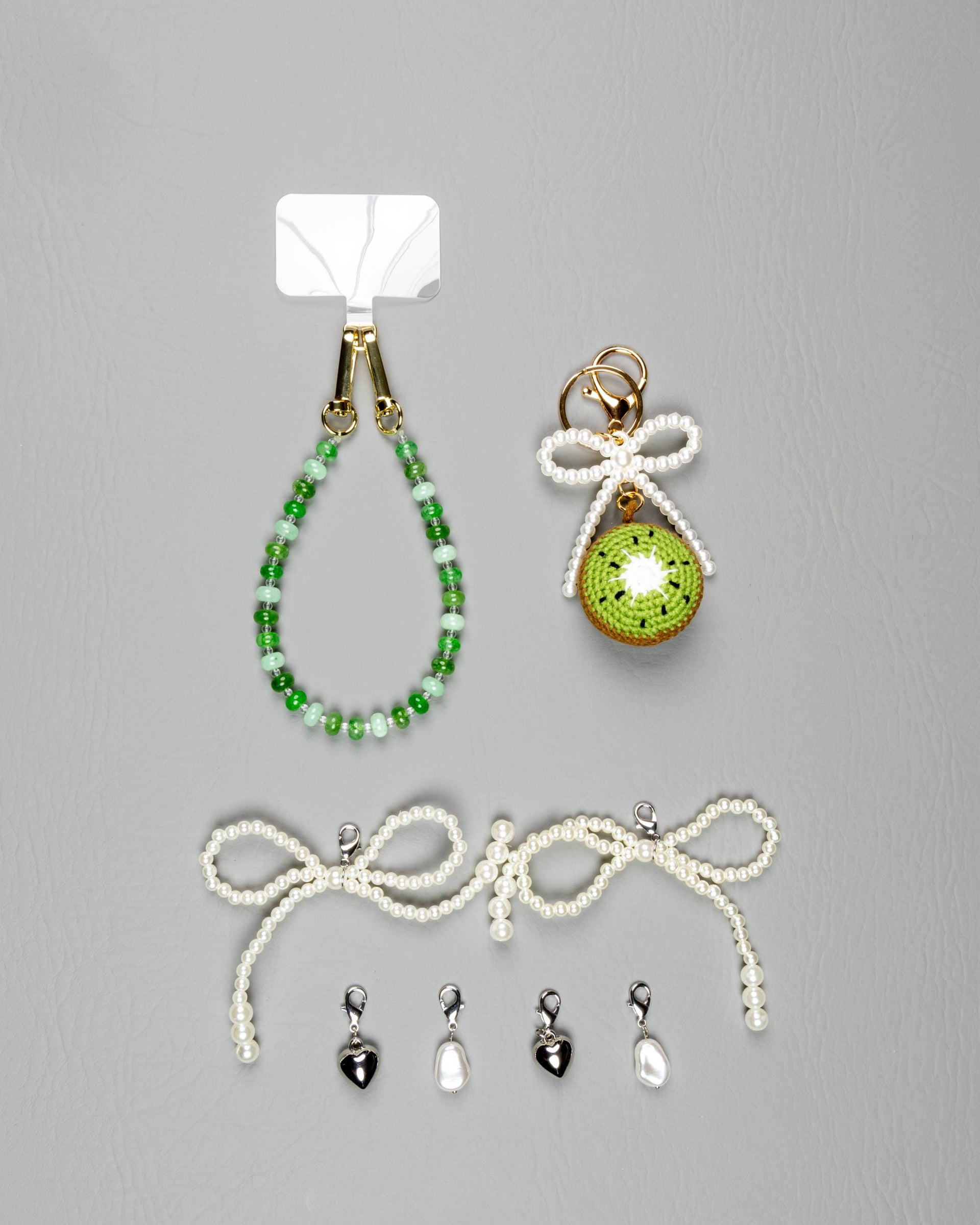 Kiwi Pearl Bows · Charm Trio — Phone, Bag & Shoe Charm Set
