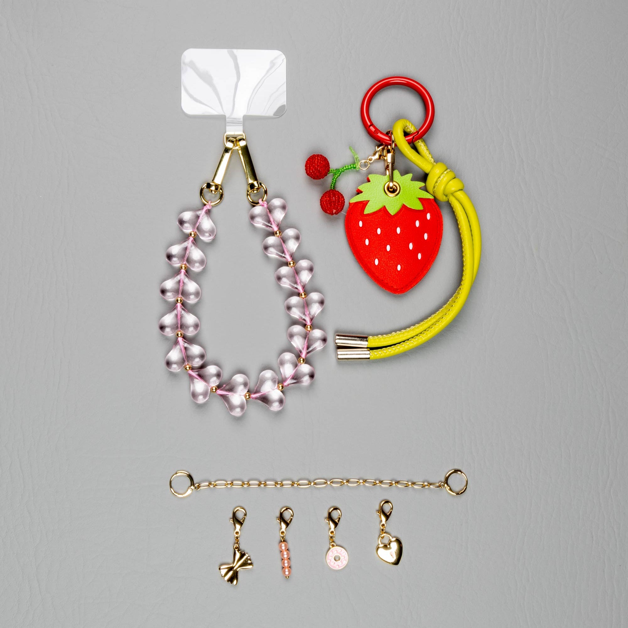 Pink Glass Hearts & Strawberry · Charm Trio — Phone, Bag & Shoe Charm Set