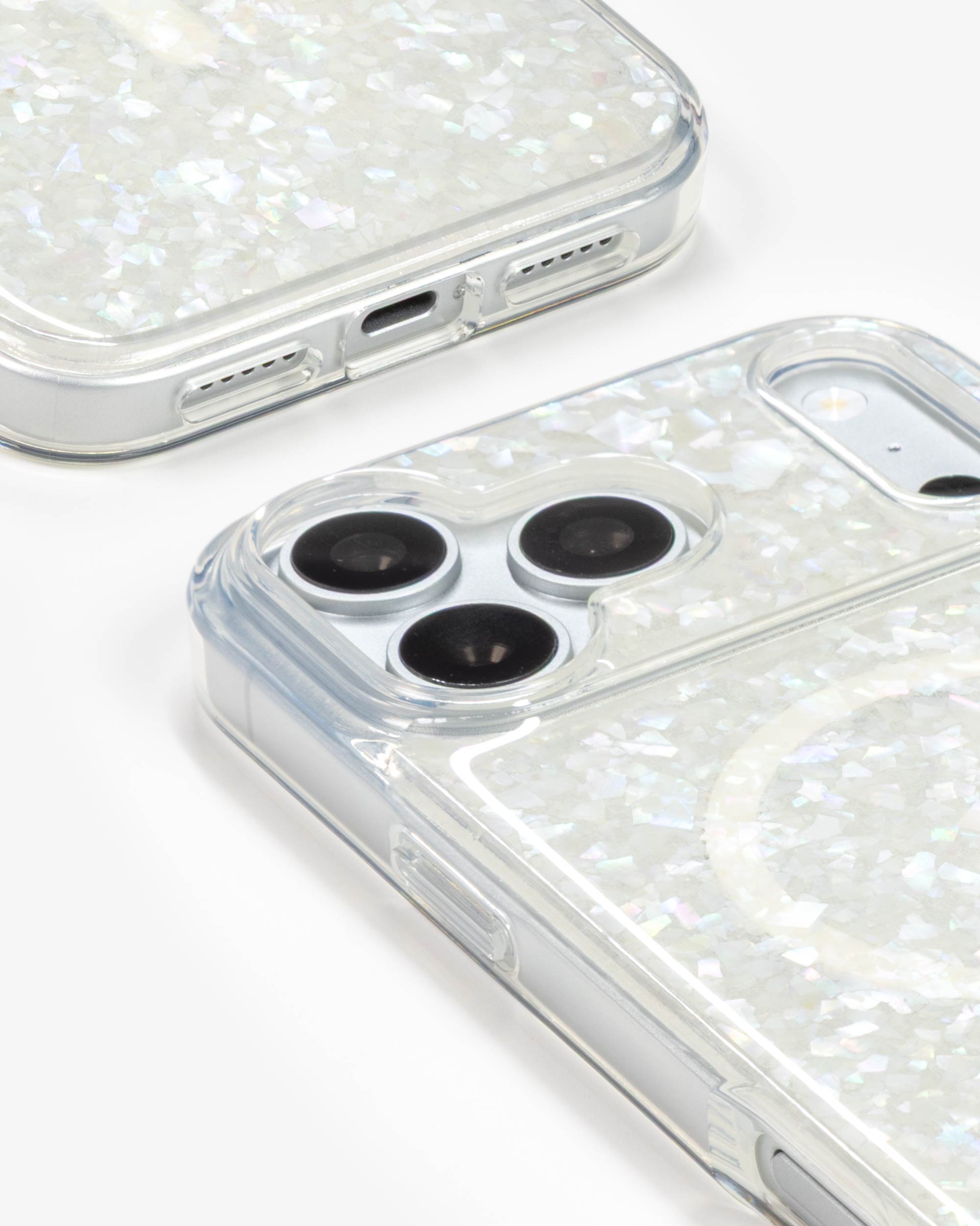 Snow Pearl iPhone Case, close-up of the camera surround and bottom edge