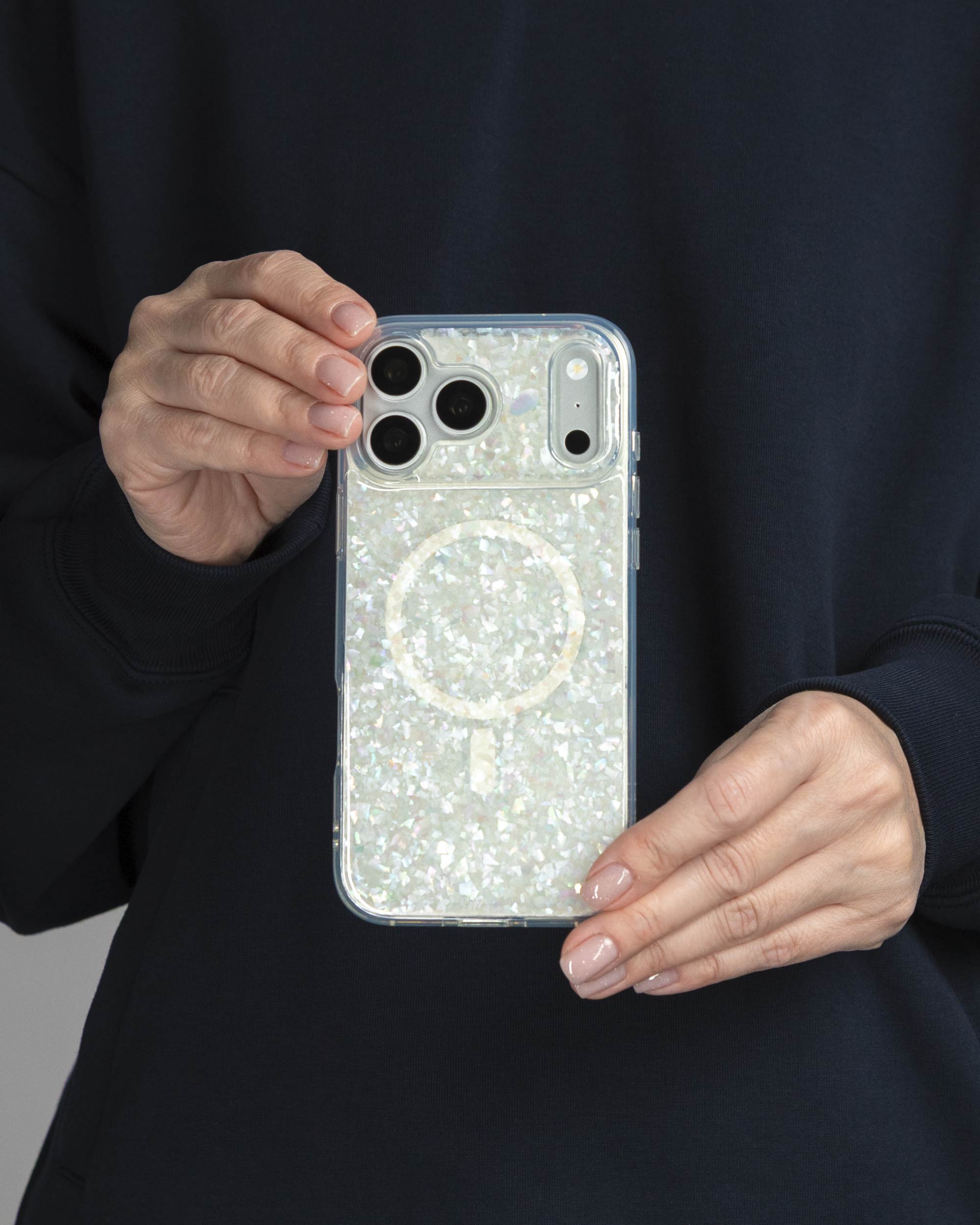 Snow Pearl iPhone Case held in both hands, iPhone 17 Pro Max