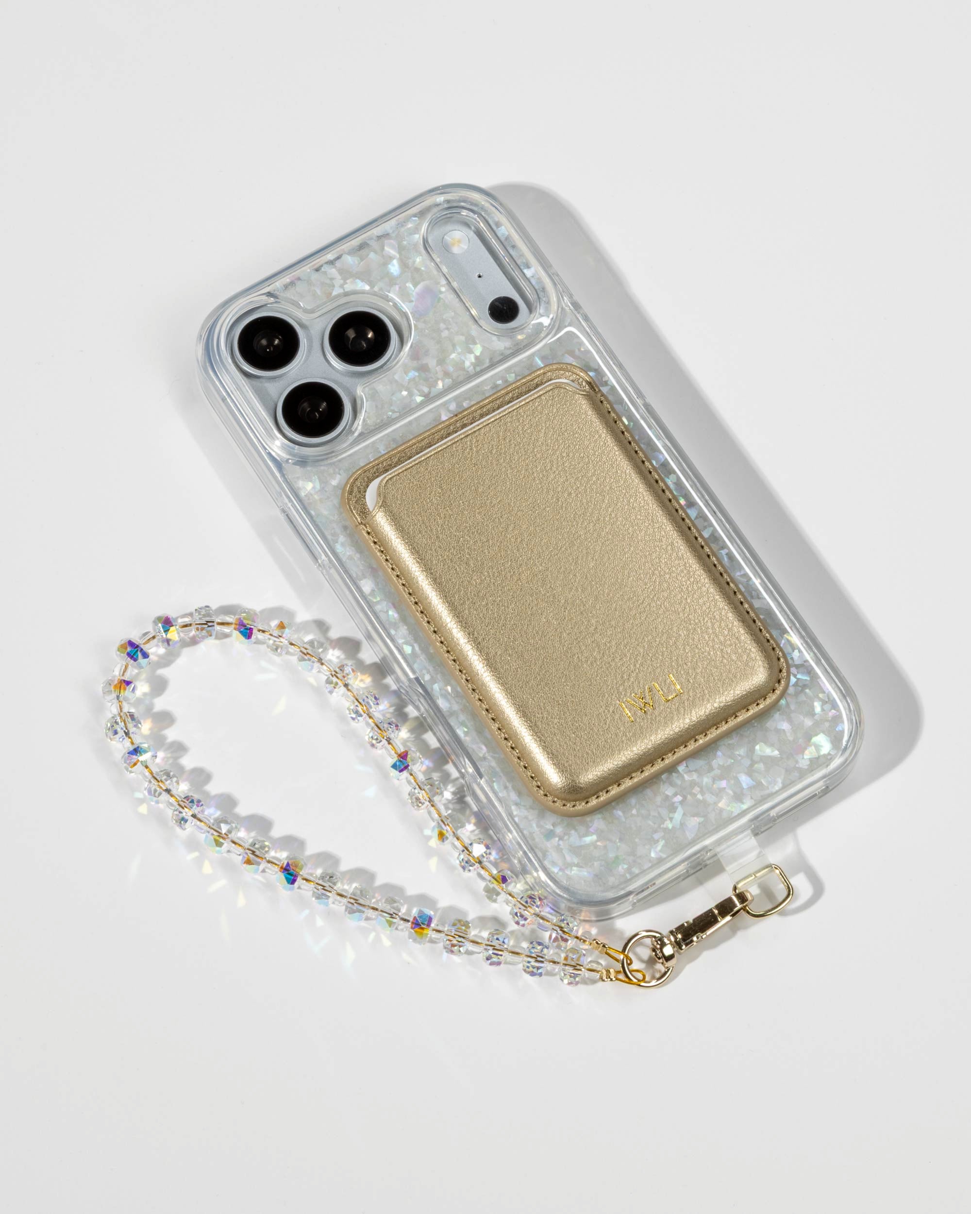 Snow Pearl iPhone Case with a Gold Muse MagSafe Wallet attached