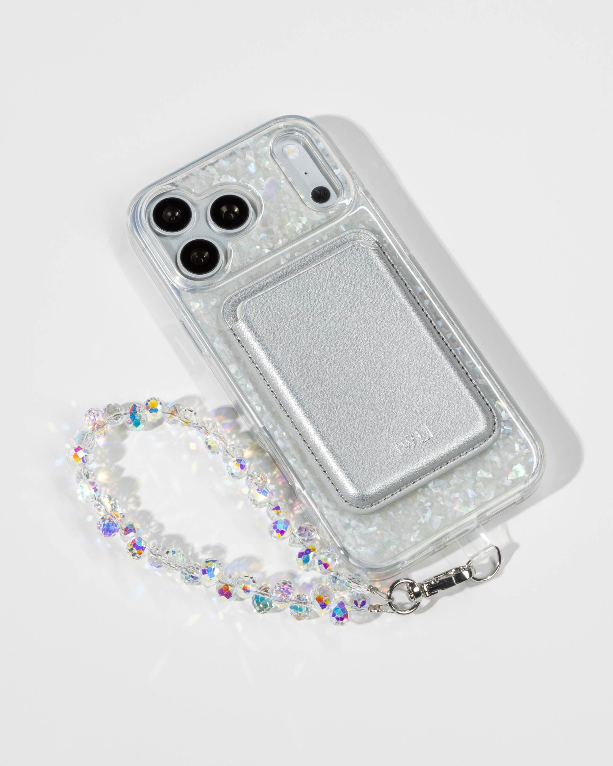 Snow Pearl iPhone Case with a Silver Muse MagSafe Wallet attached