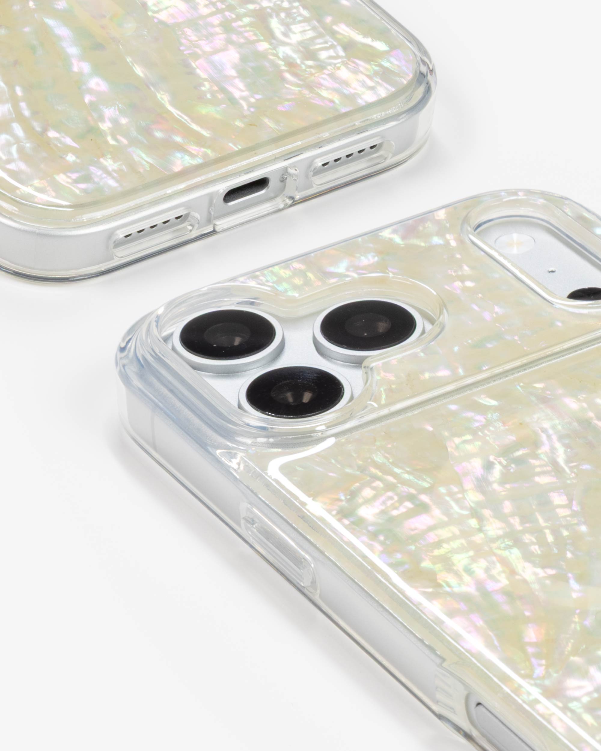 Opal Pearl iPhone Case, close-up of the camera surround and bottom edge