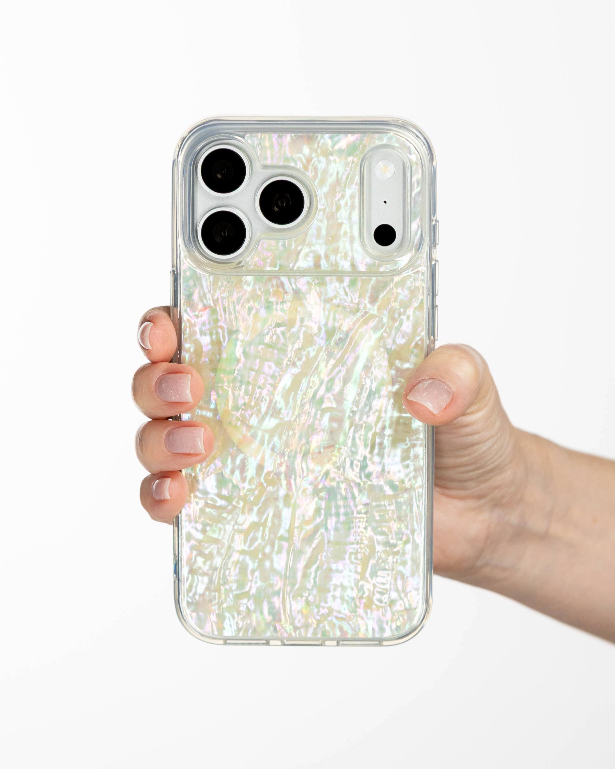 Opal Pearl iPhone Case held in hand, iPhone 17 Pro Max