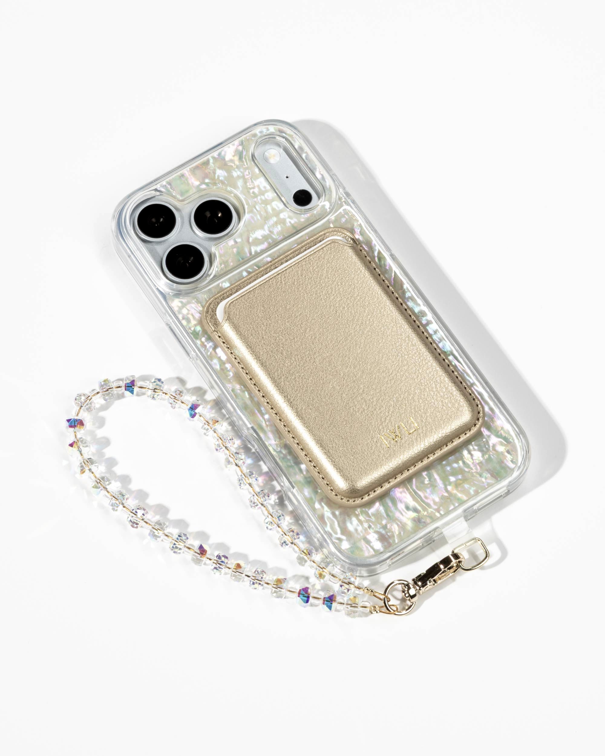 Opal Pearl iPhone Case with a Gold Muse MagSafe Wallet attached