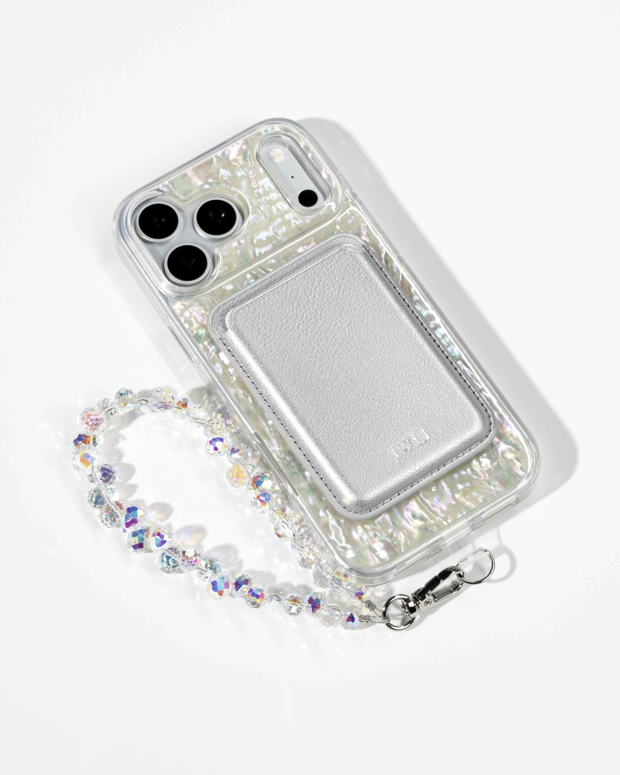 Opal Pearl iPhone Case with a Silver Muse MagSafe Wallet attached