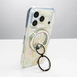 Opal Pearl iPhone Case with a silver-tone Ring Stand, standing upright on the ring