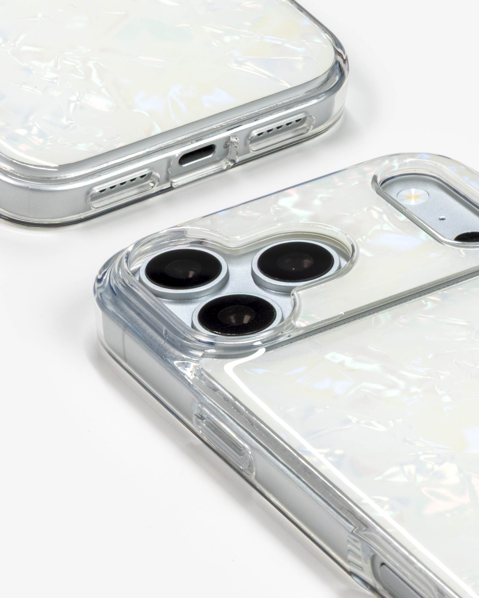 White Shell iPhone Case, close-up of the camera surround and bottom edge