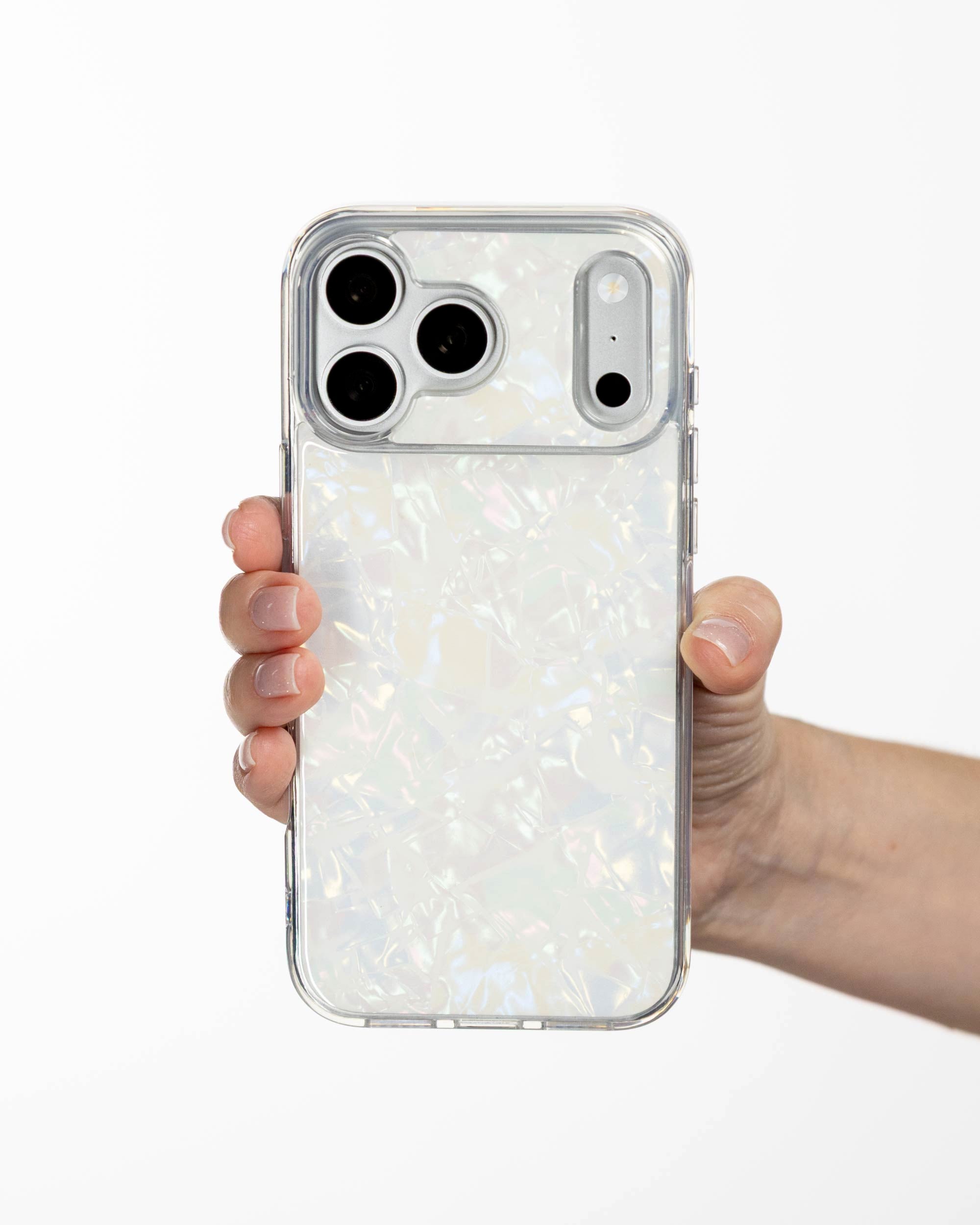 White Shell iPhone Case held in hand, iPhone 17 Pro Max