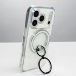 White Shell iPhone Case with a silver-tone Ring Stand, standing upright on the ring