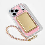 Pink Shell iPhone Case with a Gold Muse MagSafe Wallet attached