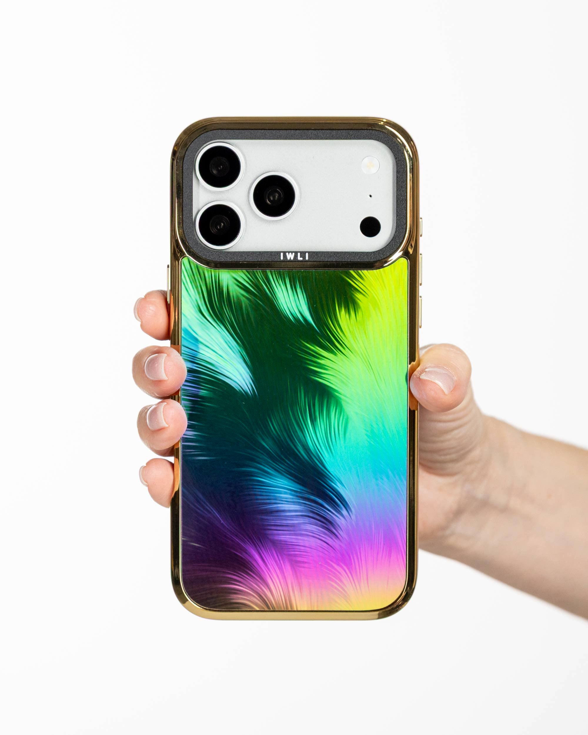 Peacock Feather Holo iPhone Case held in hand, iPhone 17 Pro Max