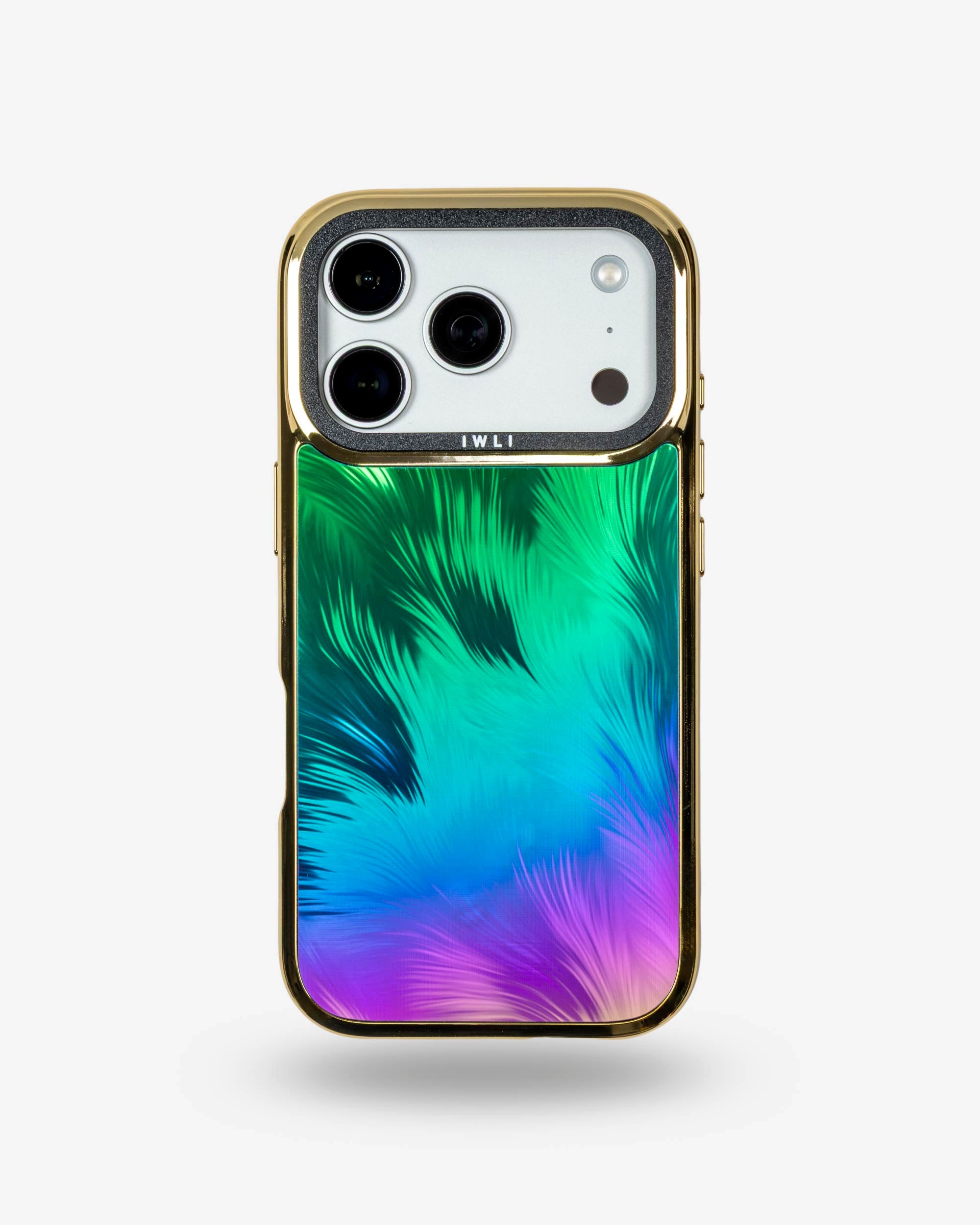 Peacock Feather Holo iPhone Case, gold-tone frame, iPhone 17 Pro