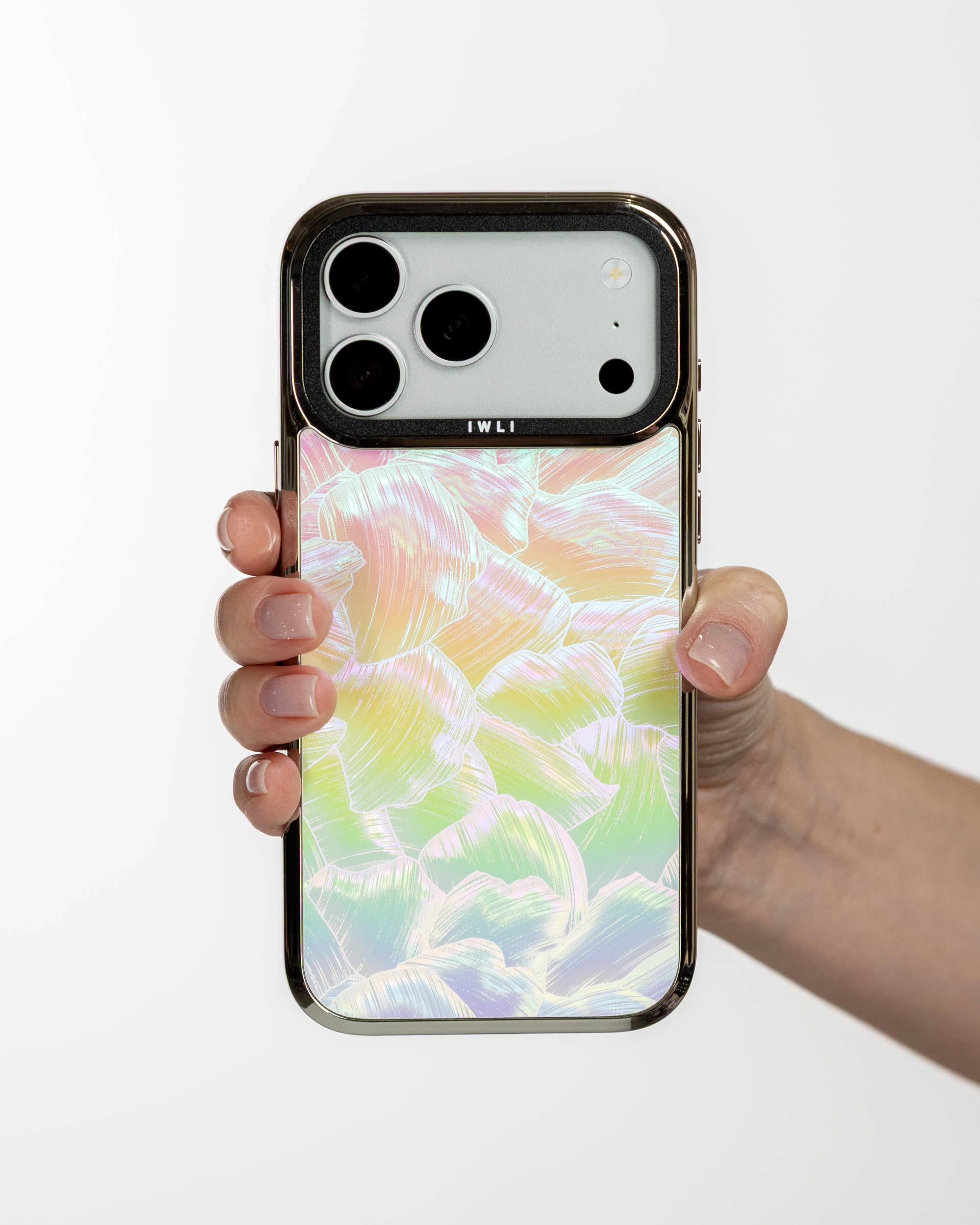 Pastel Petal Holo iPhone Case held in hand, iPhone 17 Pro Max