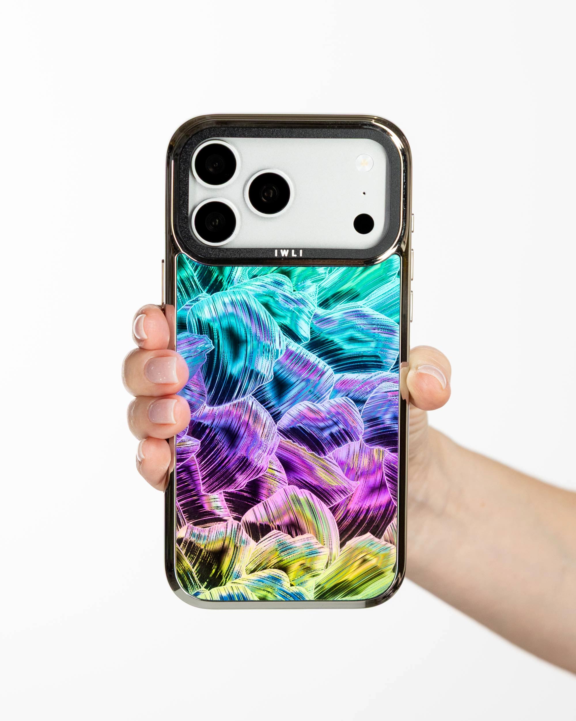 Mermaid Scale Holo iPhone Case held in hand, iPhone 17 Pro Max