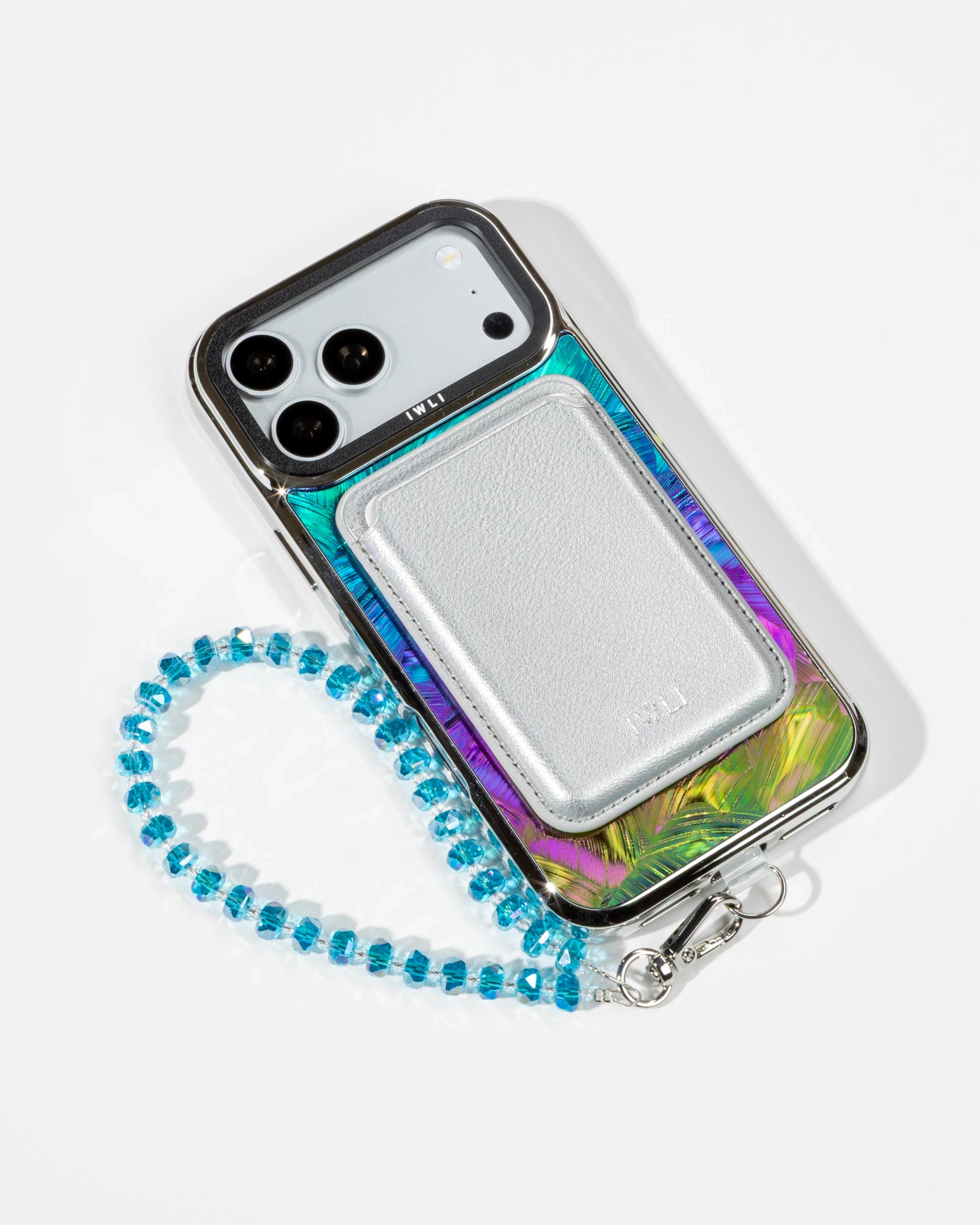 Mermaid Scale Holo iPhone Case with a Silver Muse MagSafe Wallet attached