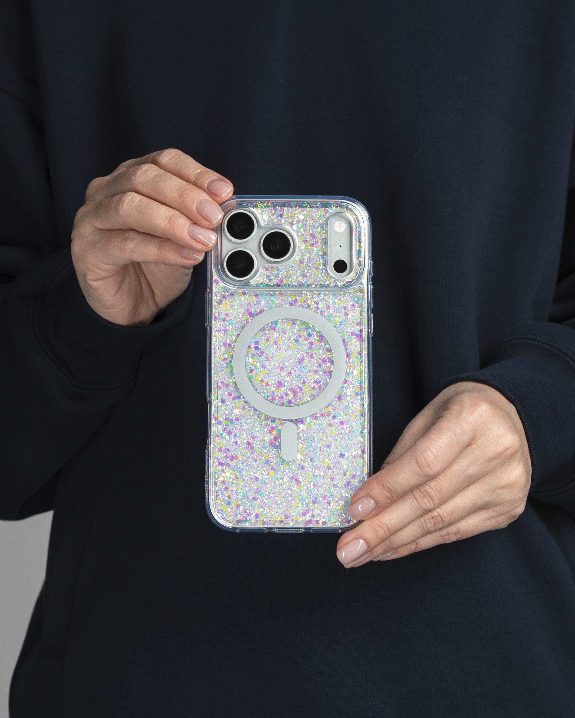 Opal Sparkle iPhone Case held in both hands, iPhone 17 Pro Max