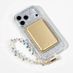 Opal Sparkle iPhone Case with a Gold Muse MagSafe Wallet attached