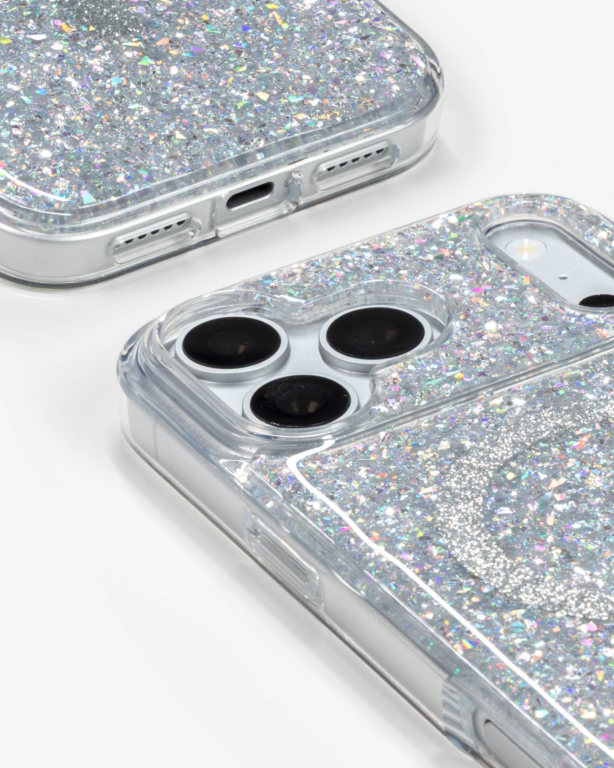 Silver Sparkle iPhone Case, close-up of the camera surround and bottom edge