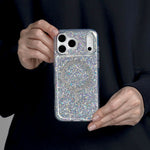 Silver Sparkle iPhone Case held in both hands, iPhone 17 Pro Max