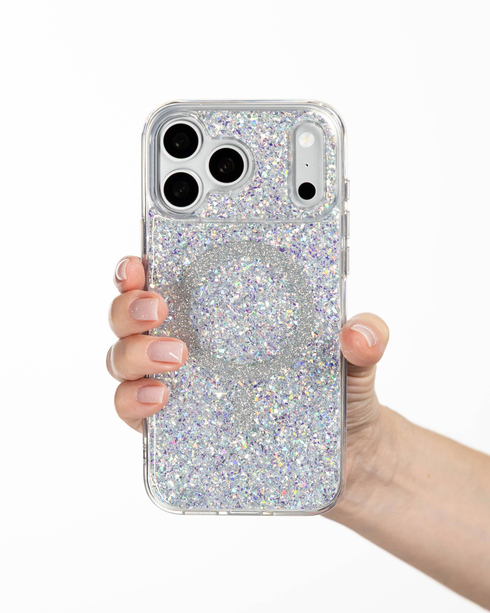 Silver Sparkle iPhone Case held in hand, iPhone 17 Pro Max
