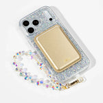 Silver Sparkle iPhone Case with a Gold Muse MagSafe Wallet attached