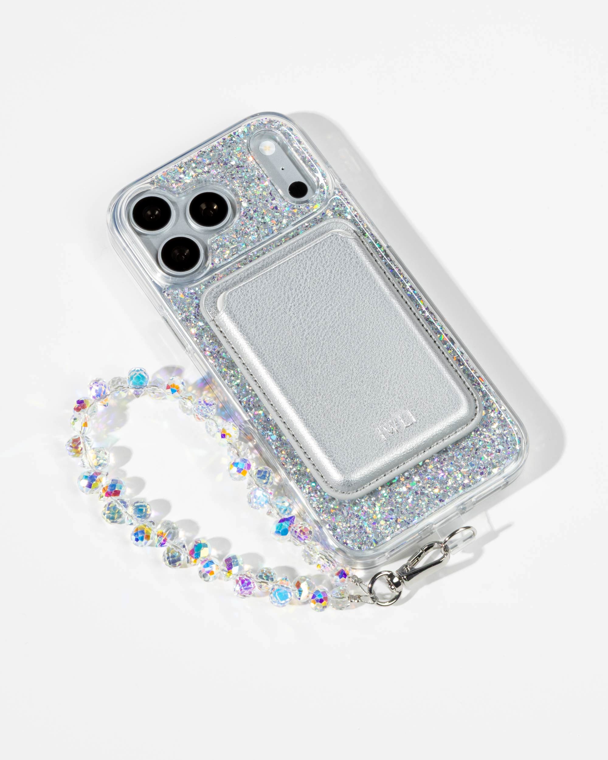 Silver Sparkle iPhone Case with a Silver Muse MagSafe Wallet attached