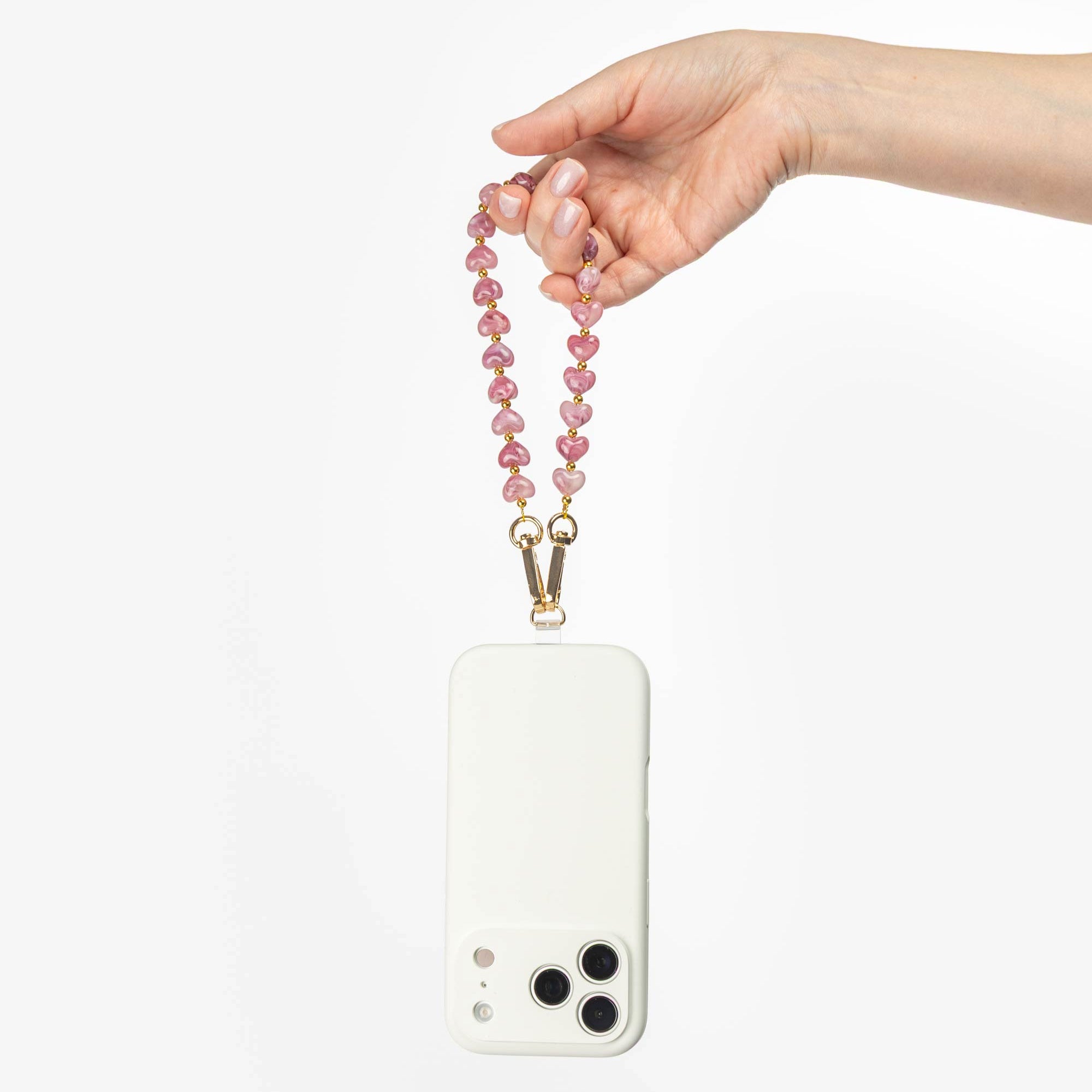 Mauve Pink Marbled Mini Heart Beads Phone Charm