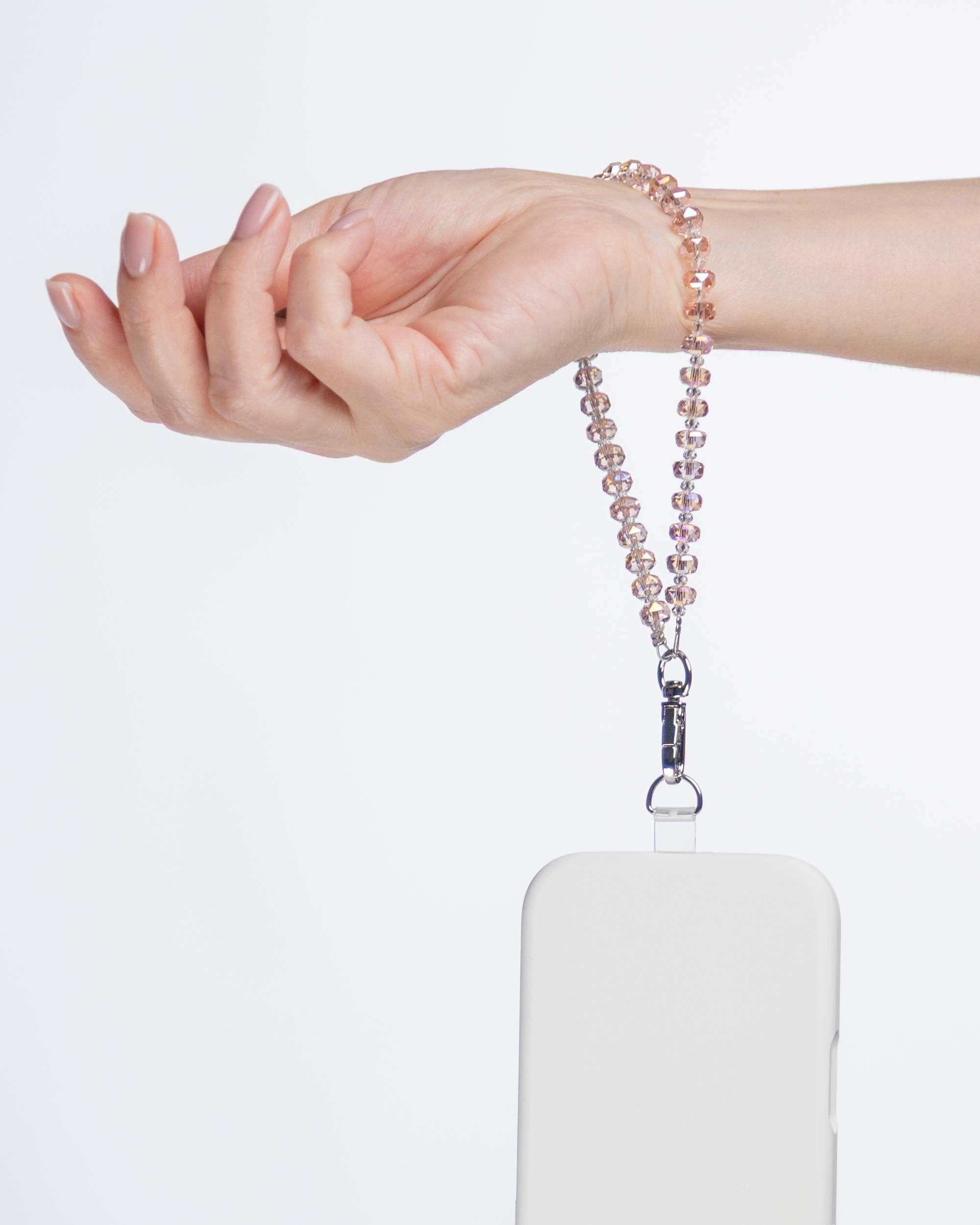 Blush Prism Glow Phone Charm — Silver-Tone hanging from hand, glass phone charm by IWLI