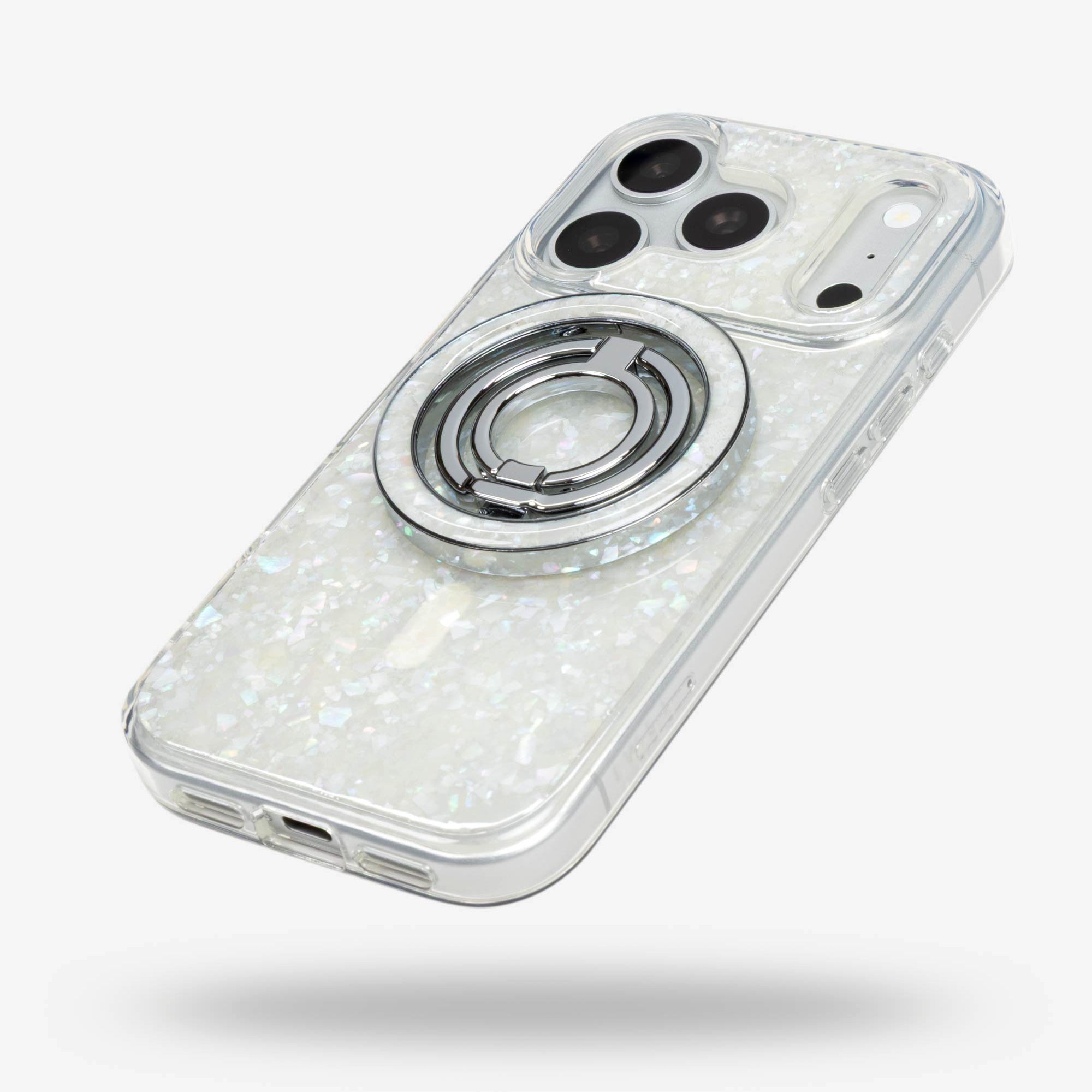 Snow Pearl Ring Stand, silver-tone, folded flat on the back of an iPhone case