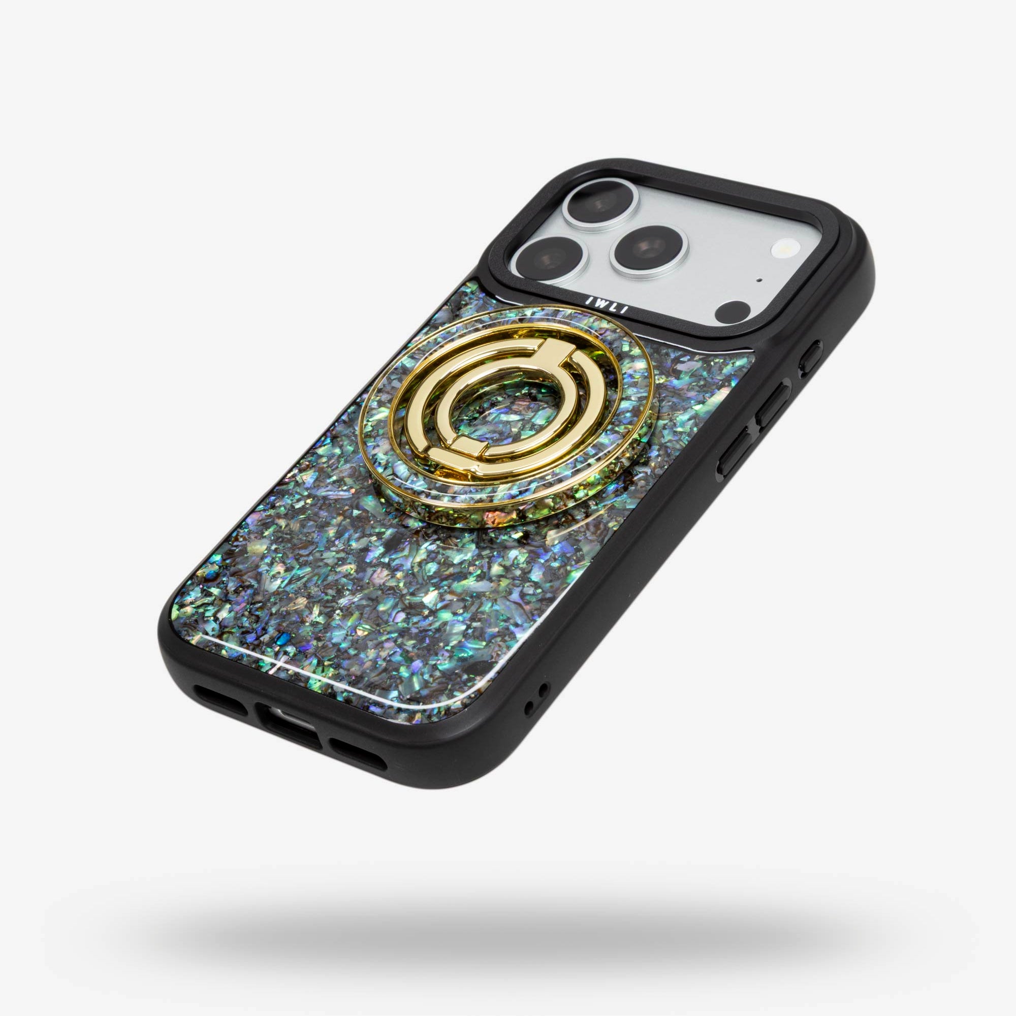 Abalone Pearl Ring Stand, gold-tone, folded flat on the back of an iPhone case