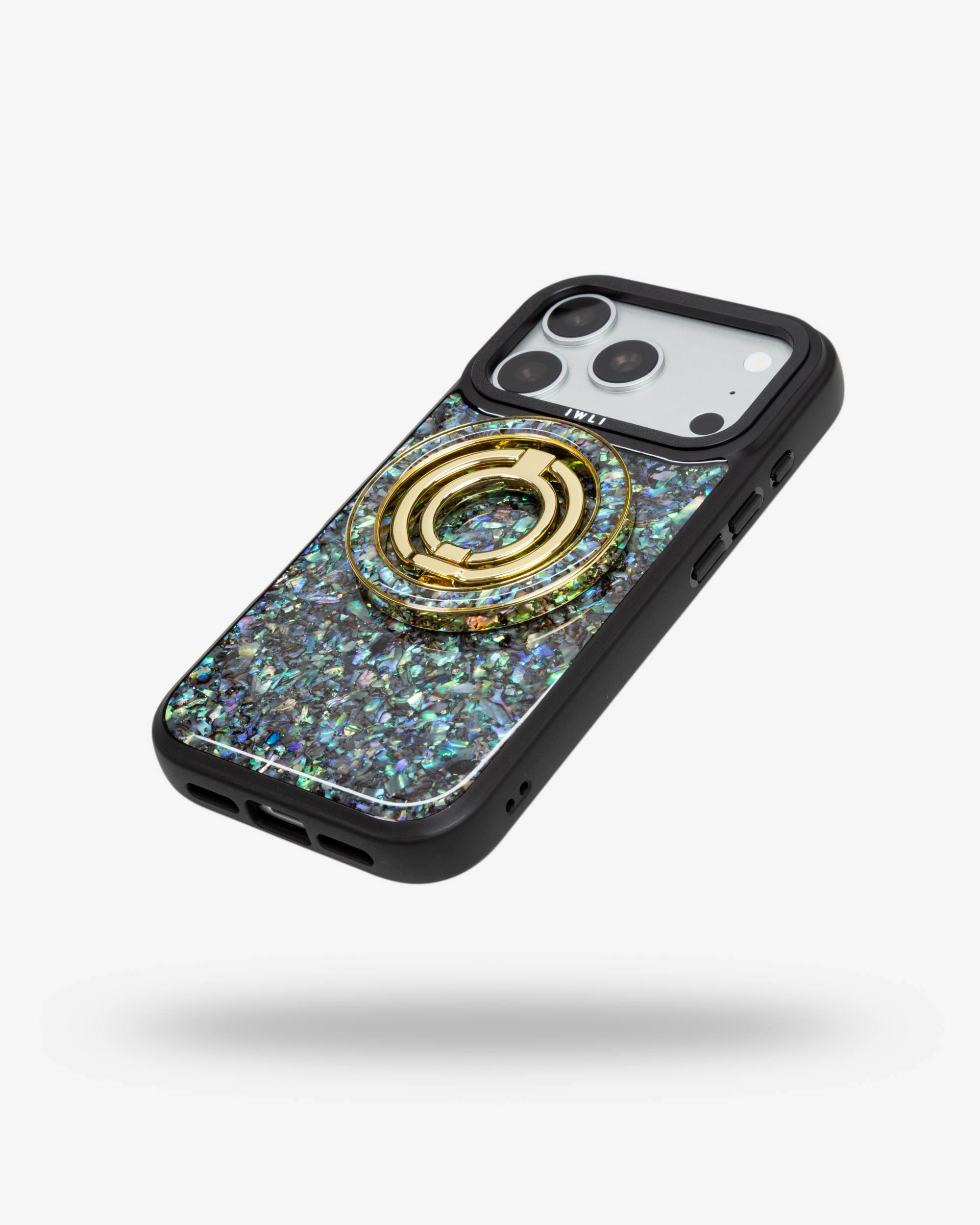 Abalone Pearl Ring Stand, gold-tone, folded flat on the back of an iPhone case
