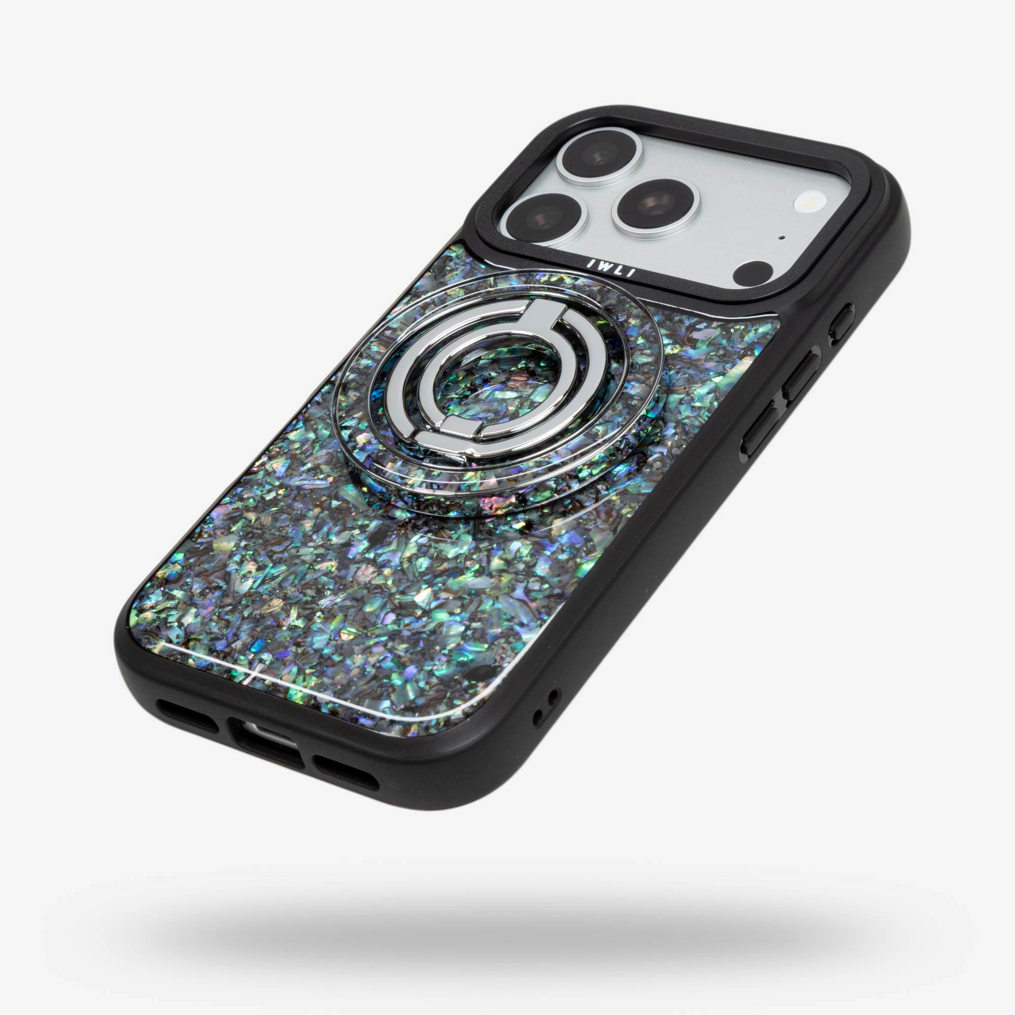 Abalone Pearl Ring Stand, silver-tone, folded flat on the back of an iPhone case