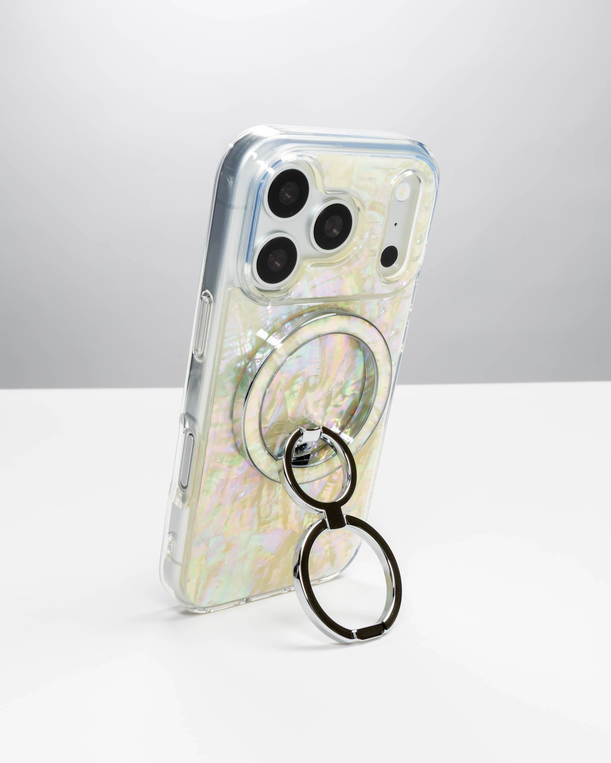 Opal Pearl Ring Stand, silver-tone, holding an iPhone upright as a stand