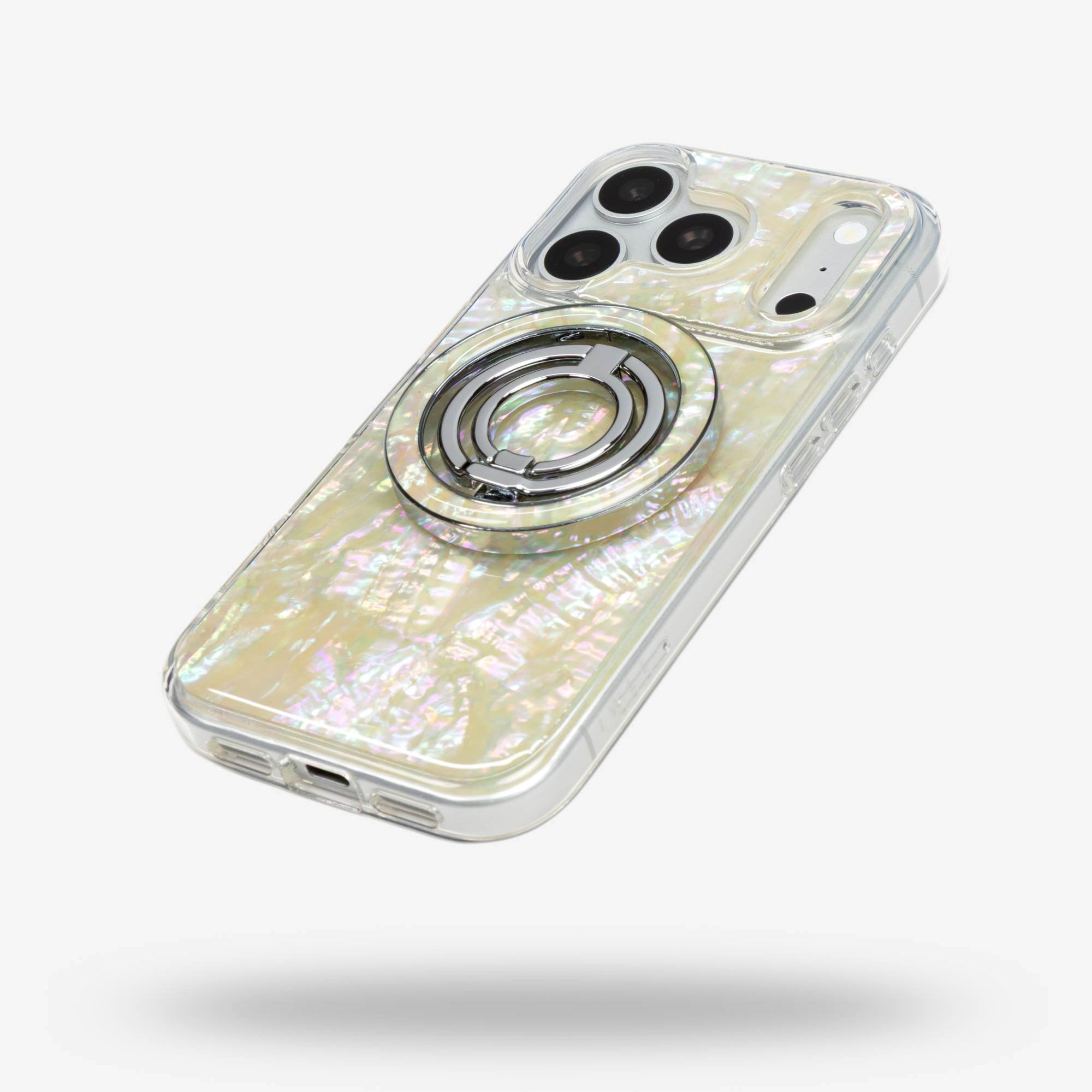 Opal Pearl Ring Stand, silver-tone, folded flat on the back of an iPhone case