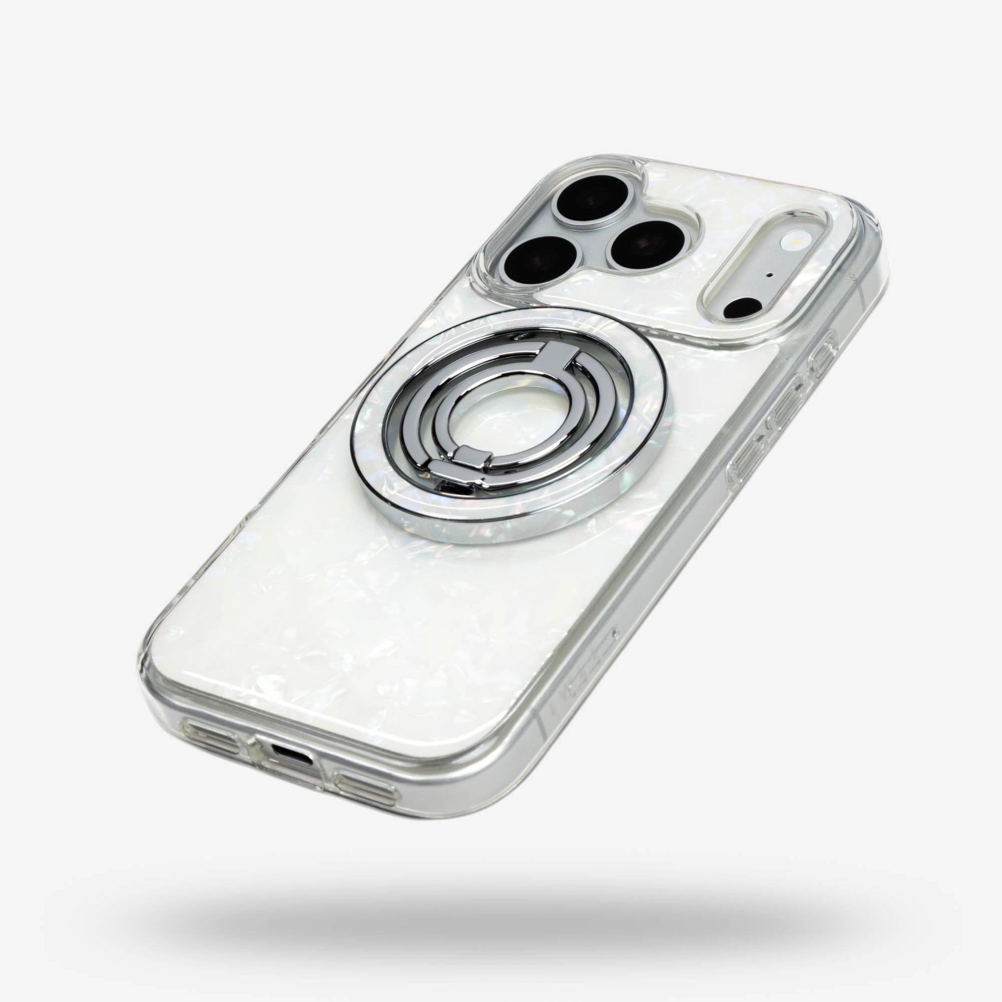 White Shell Ring Stand, silver-tone, folded flat on the back of an iPhone case