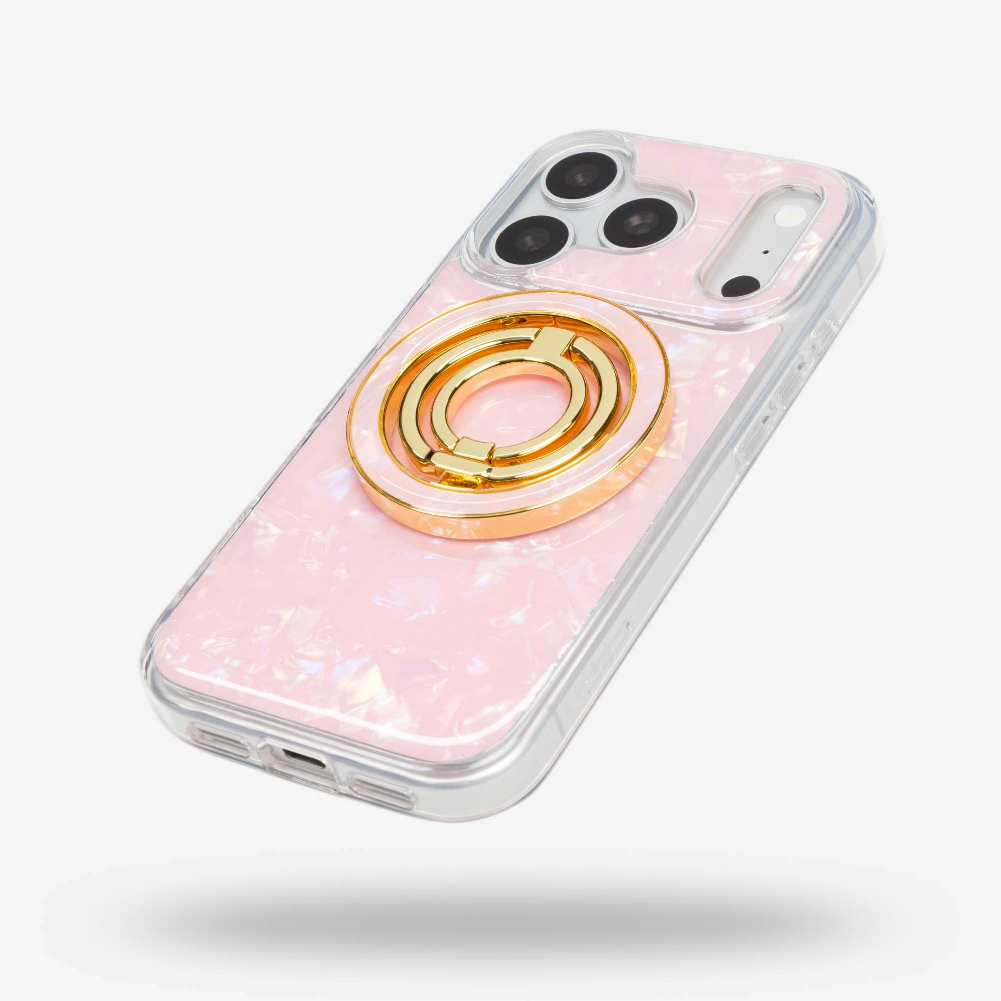 Pink Shell Ring Stand, gold-tone, folded flat on the back of an iPhone case