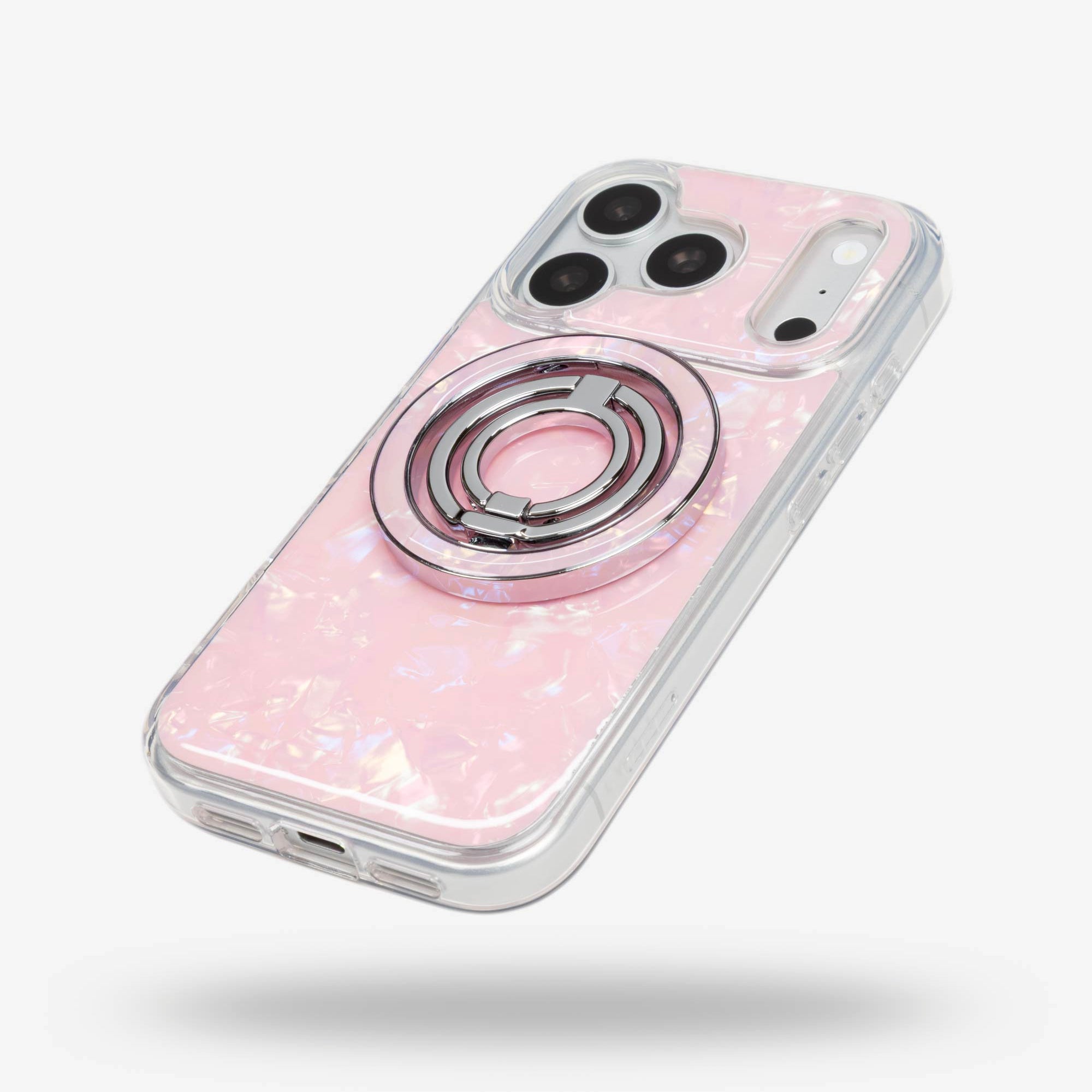 Pink Shell Ring Stand, silver-tone, folded flat on the back of an iPhone case