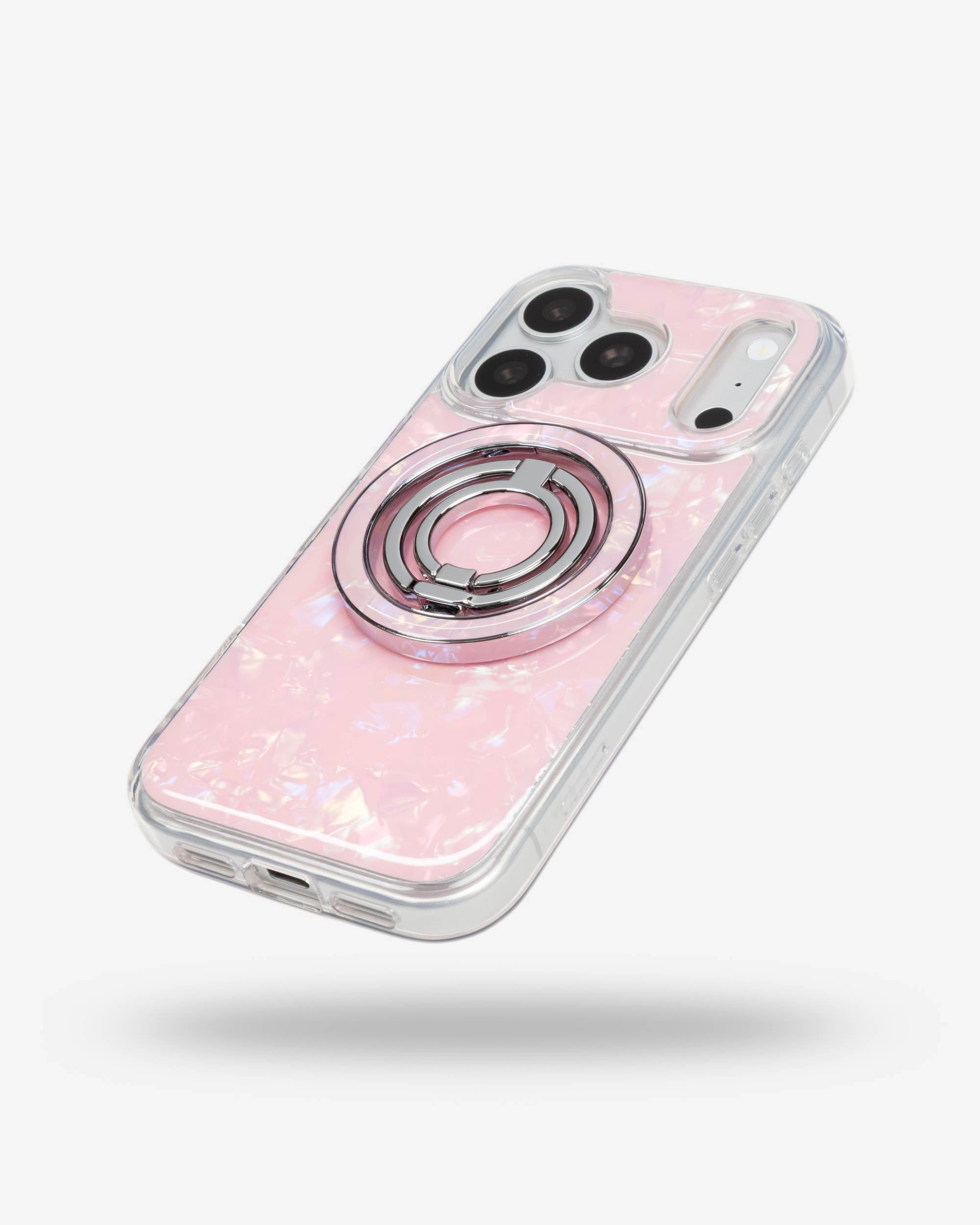 Pink Shell Ring Stand, silver-tone, folded flat on the back of an iPhone case