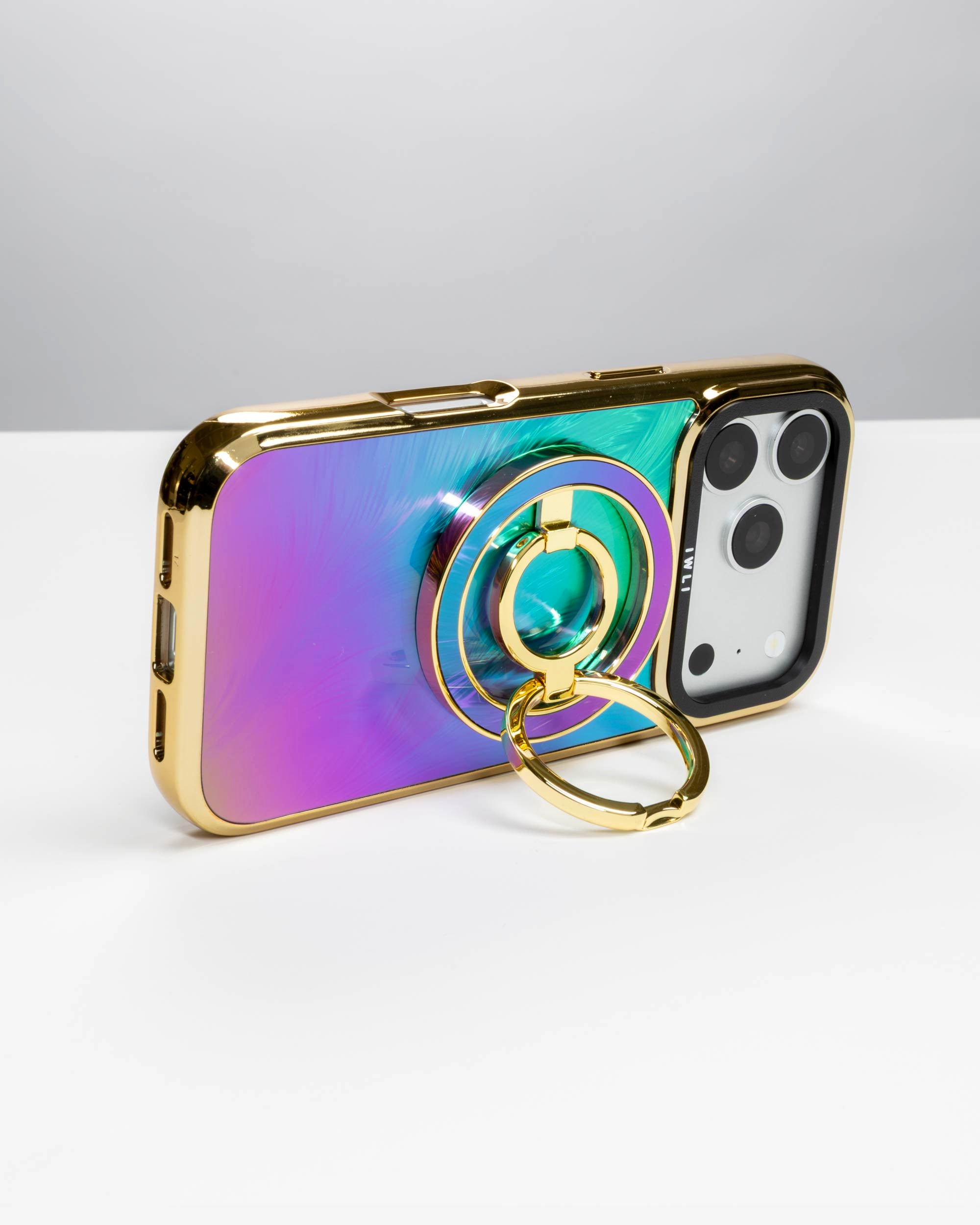 Peacock Feather Holo Ring Stand, gold-tone, holding an iPhone in landscape as a stand