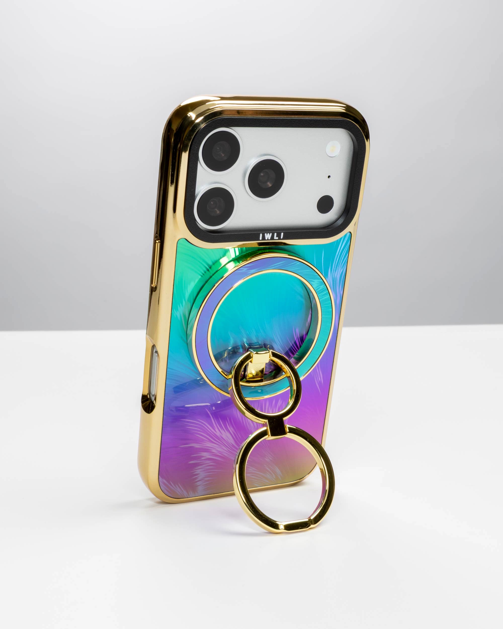 Peacock Feather Holo Ring Stand, gold-tone, holding an iPhone upright as a stand
