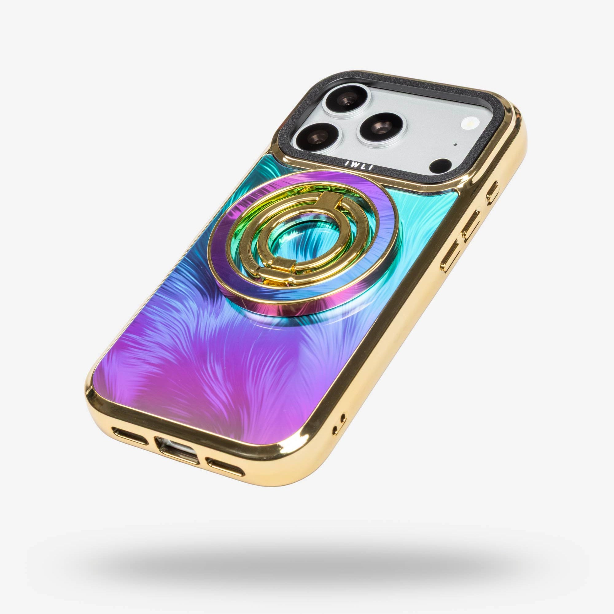 Peacock Feather Holo Ring Stand, gold-tone, folded flat on the back of an iPhone case