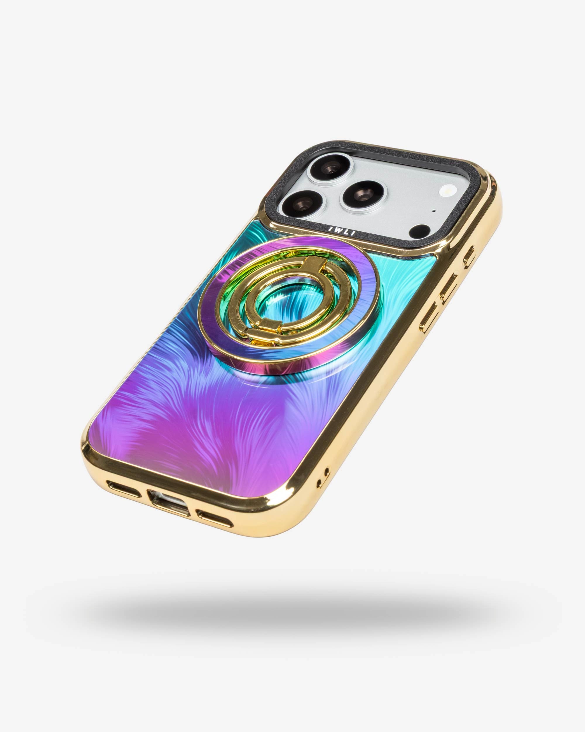 Peacock Feather Holo Ring Stand, gold-tone, folded flat on the back of an iPhone case