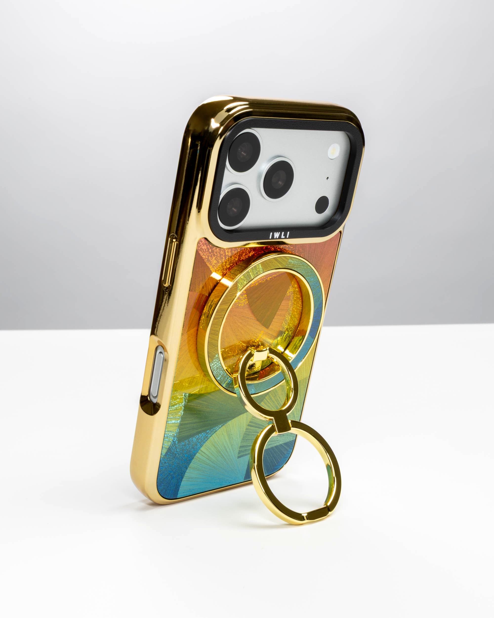 Sunset Fan Holo Ring Stand, gold-tone, holding an iPhone upright as a stand