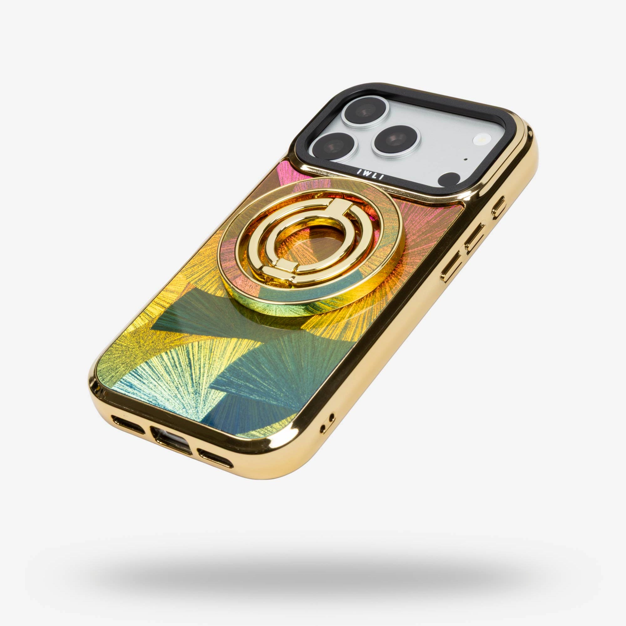 Sunset Fan Holo Ring Stand, gold-tone, folded flat on the back of an iPhone case
