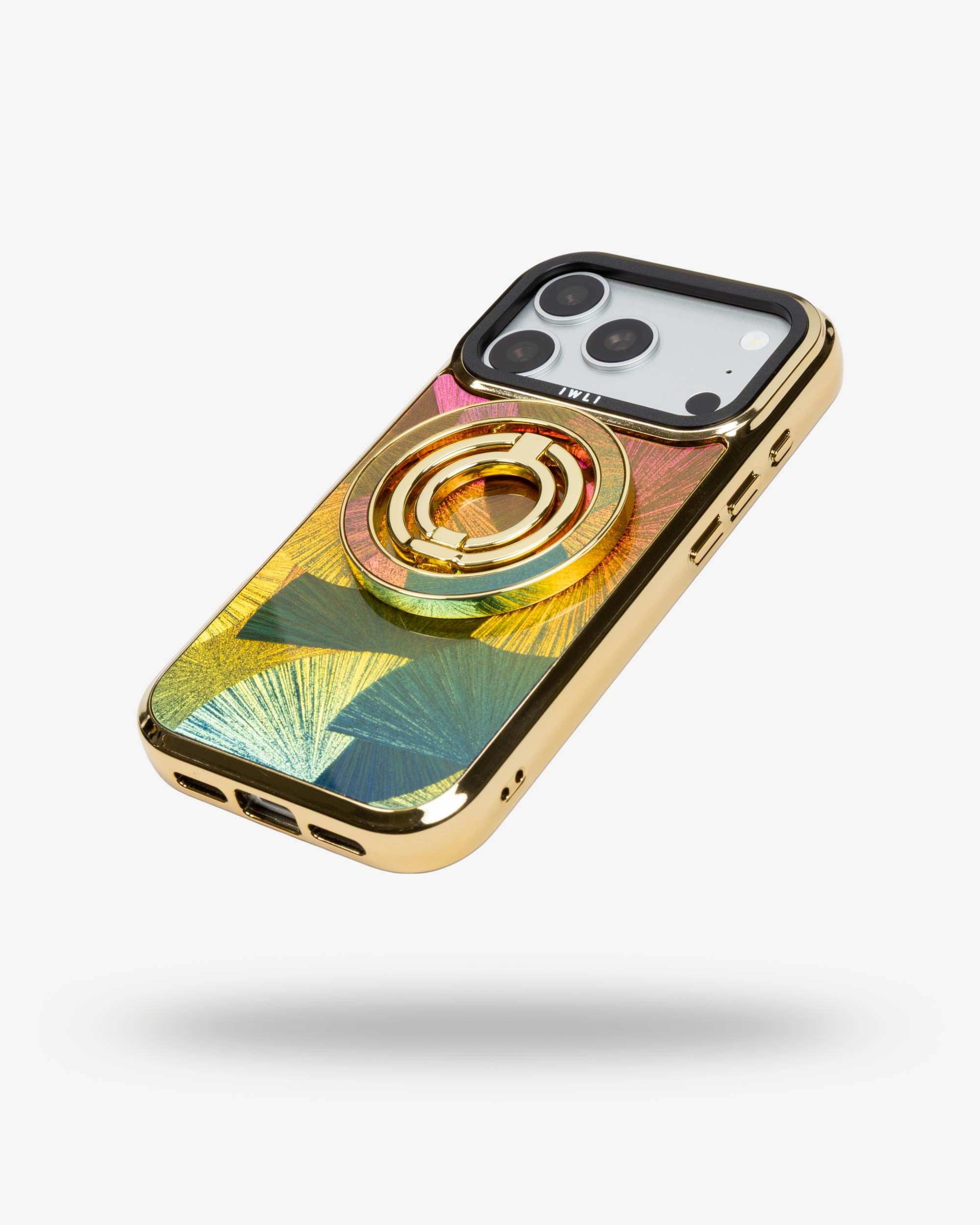 Sunset Fan Holo Ring Stand, gold-tone, folded flat on the back of an iPhone case