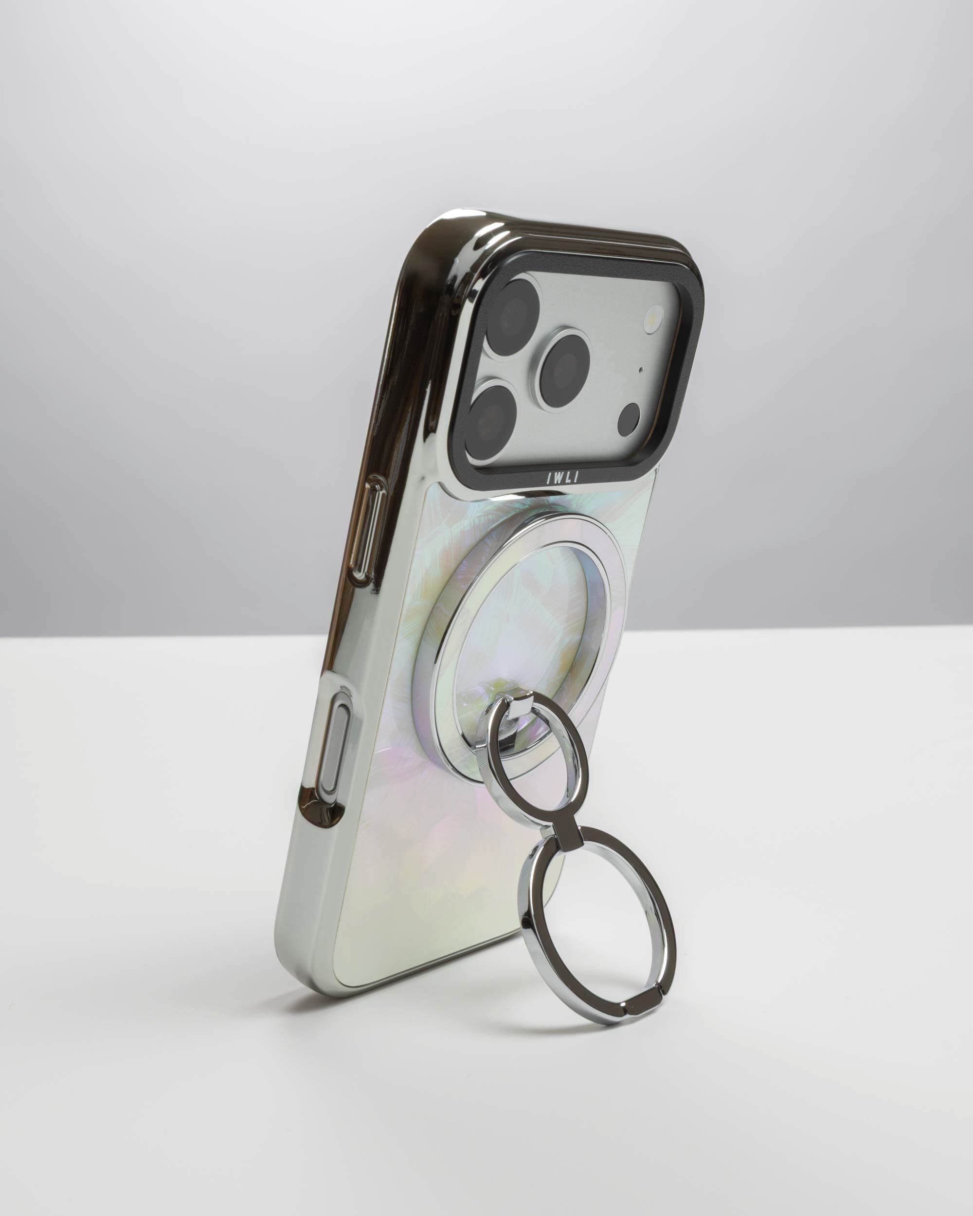 Pastel Petal Holo Ring Stand, silver-tone, holding an iPhone upright as a stand