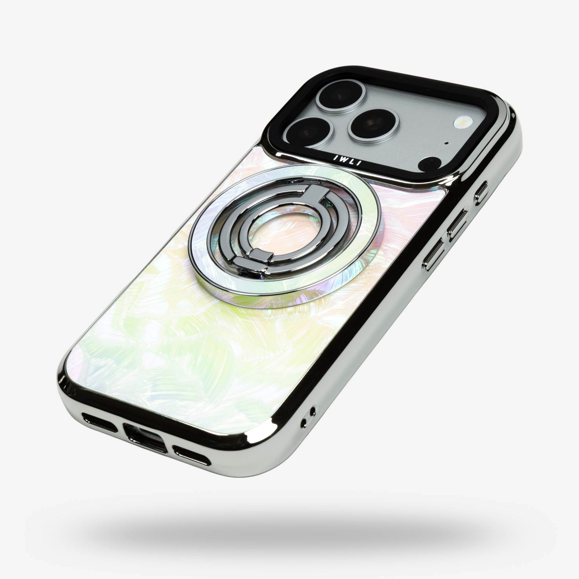 Pastel Petal Holo Ring Stand, silver-tone, folded flat on the back of an iPhone case