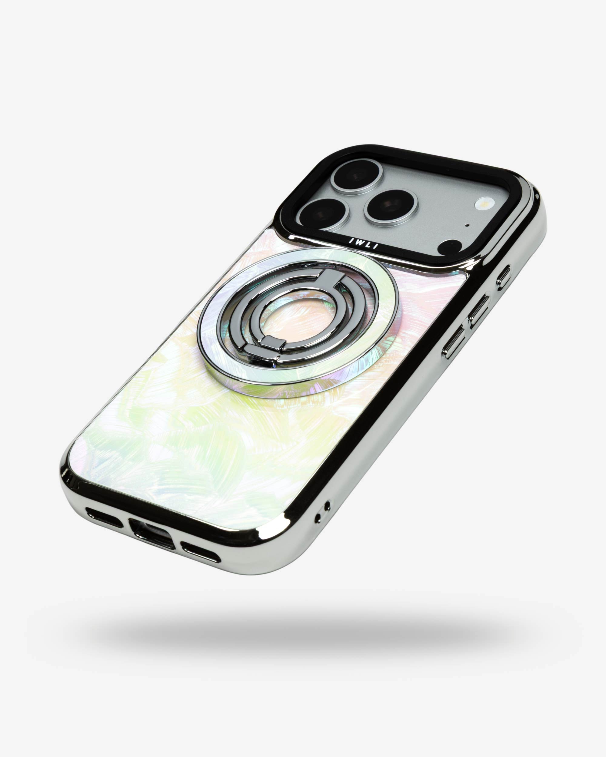 Pastel Petal Holo Ring Stand, silver-tone, folded flat on the back of an iPhone case